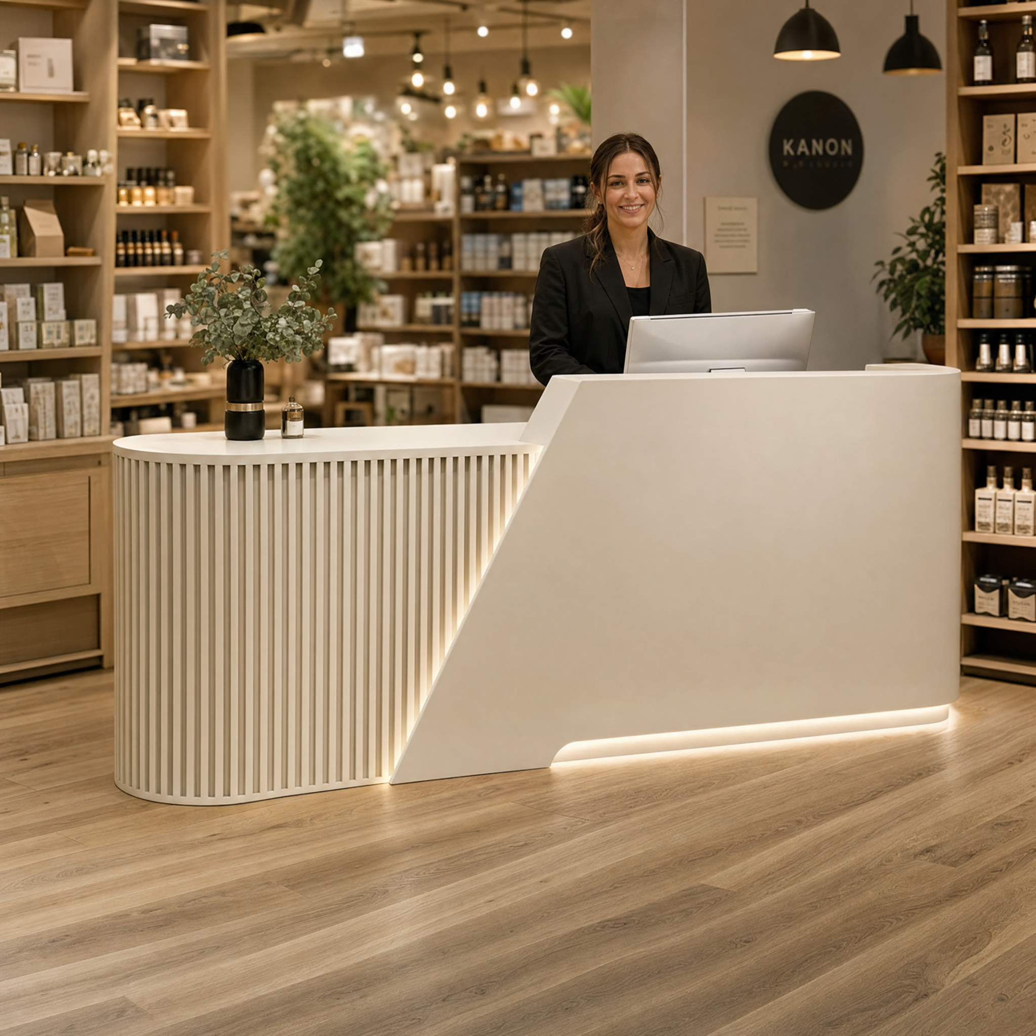 Modern reception desk with led light Beige front desk counter For salon spa beauty office