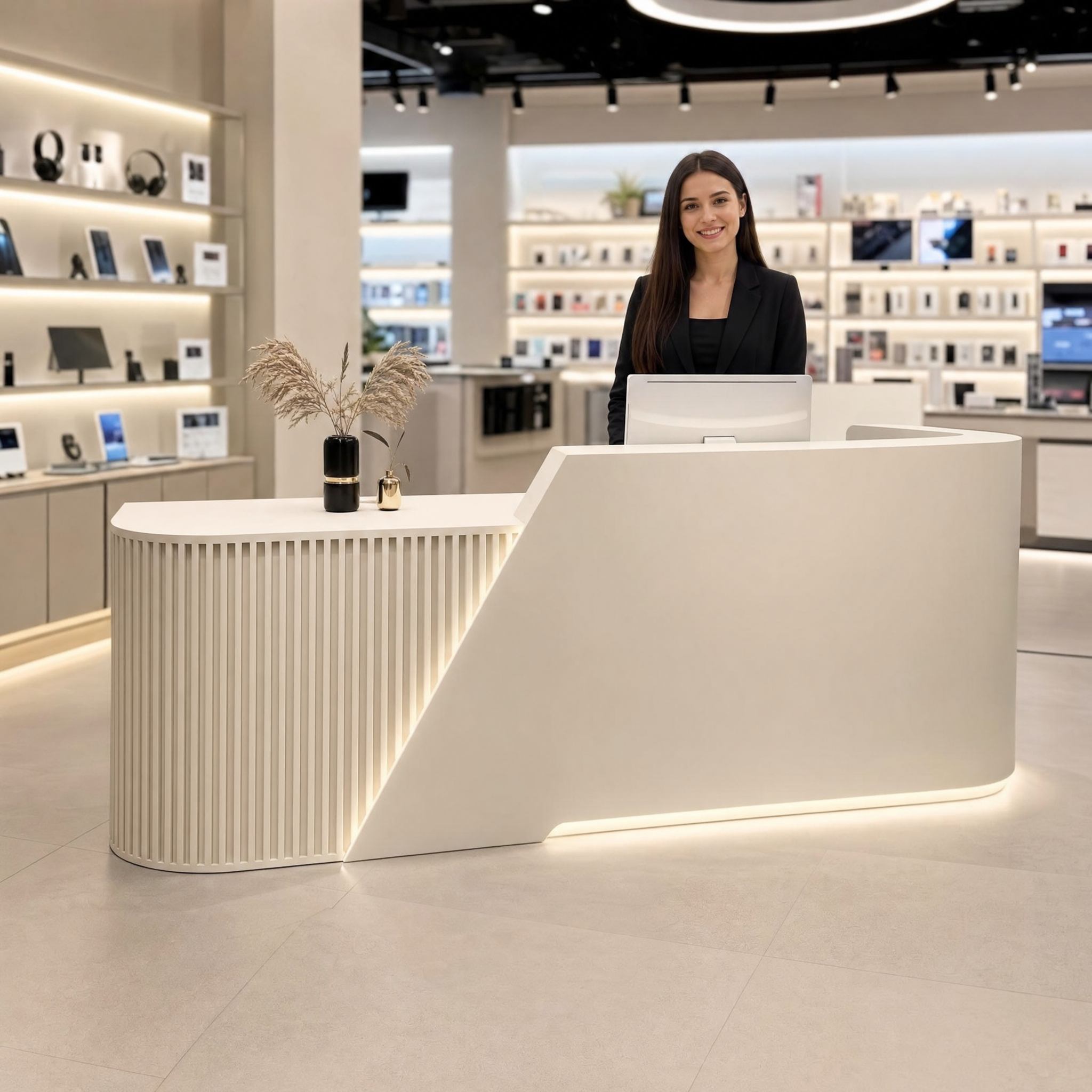 Modern reception desk with led light Beige front desk counter For salon spa beauty office