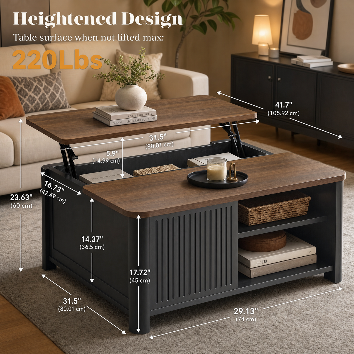 Modern coffee table with hidden storage Lift top wood coffee table For living room apartment decor