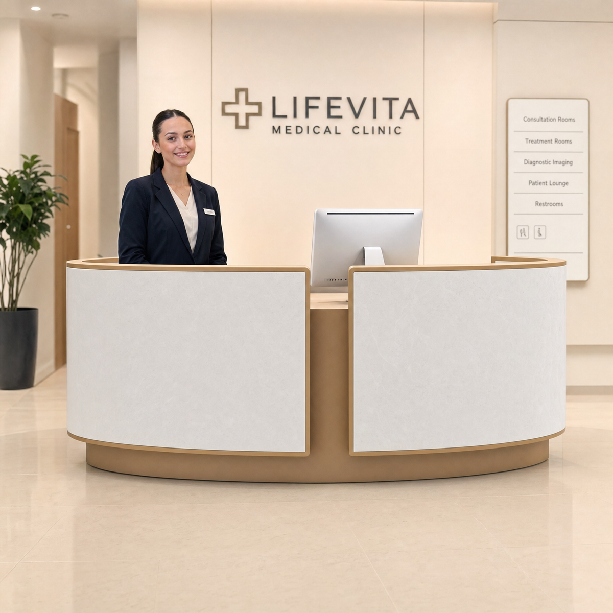 Curved reception desk with marble finish Gold round front desk counter For salon spa hotel office