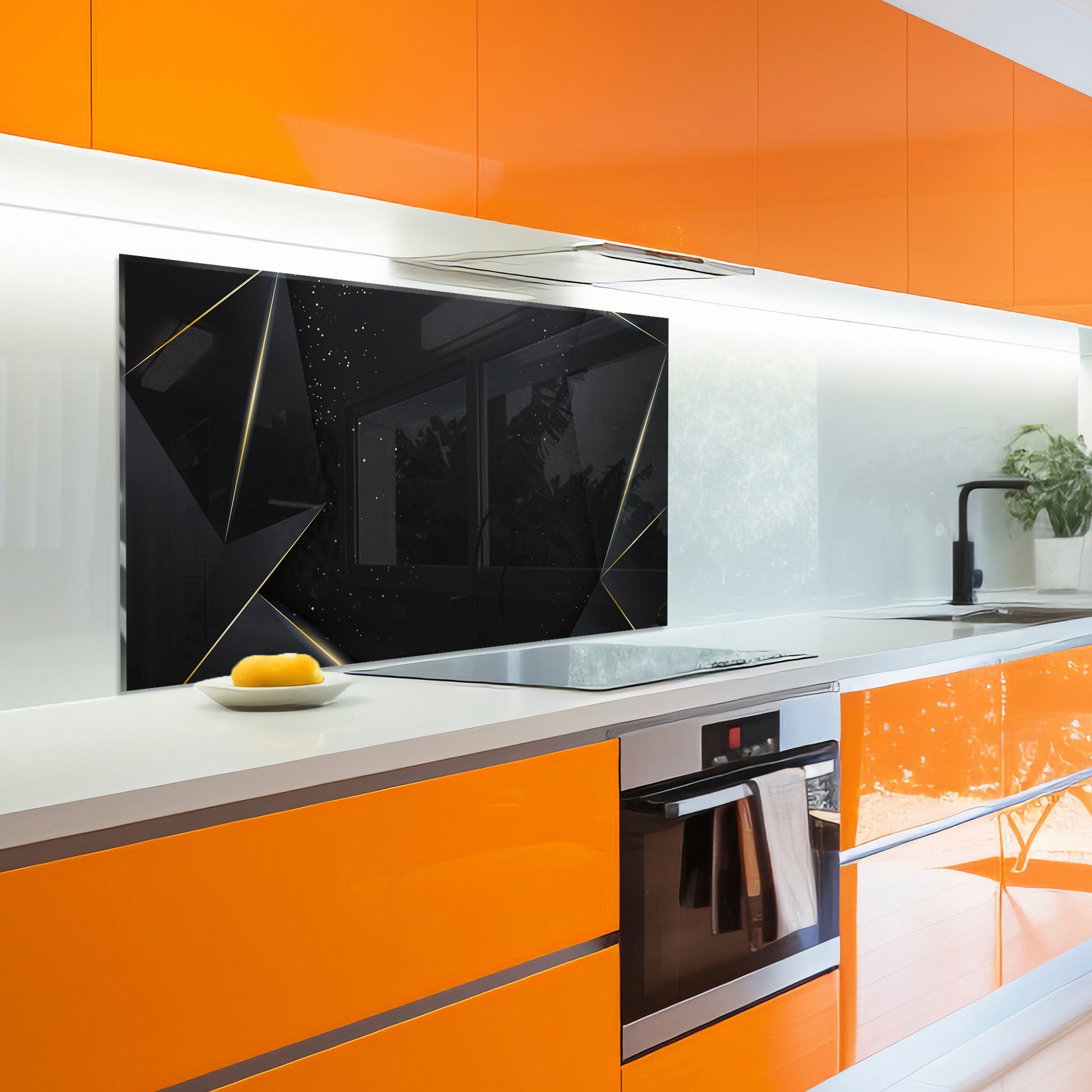 Black & Gold Geometric Tempered Glass Backsplash – Luxury Kitchen Panel