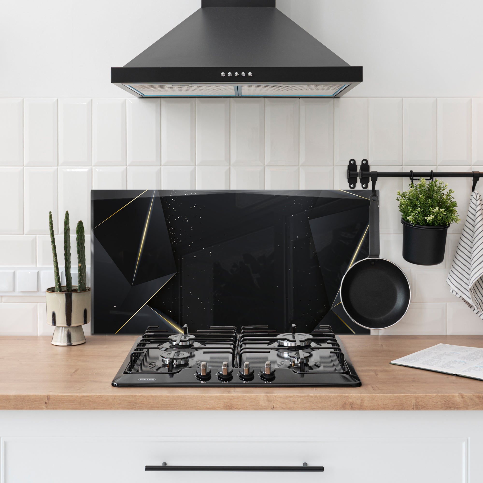 Black & Gold Geometric Tempered Glass Backsplash – Luxury Kitchen Panel