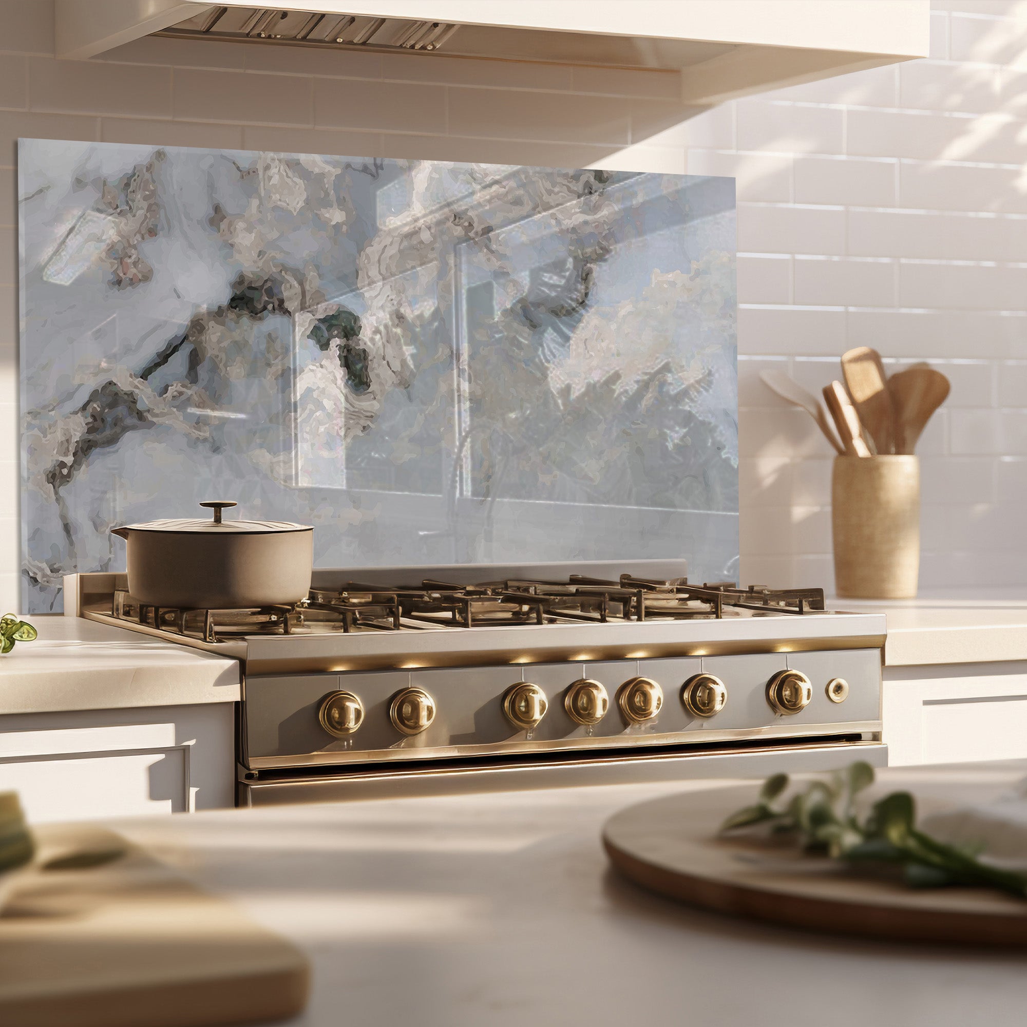 Classic Marble Tempered Glass Backsplash – White & Grey Stone Look Panel