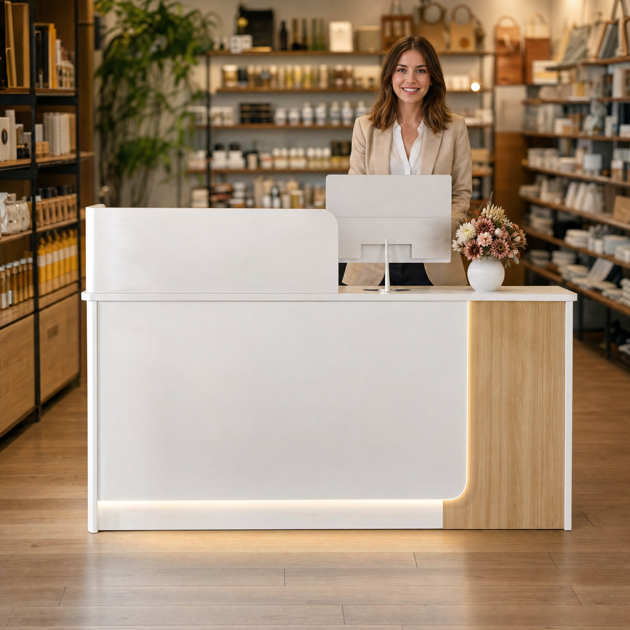 Modern reception desk with wood accent White front desk counter For salon spa beauty office
