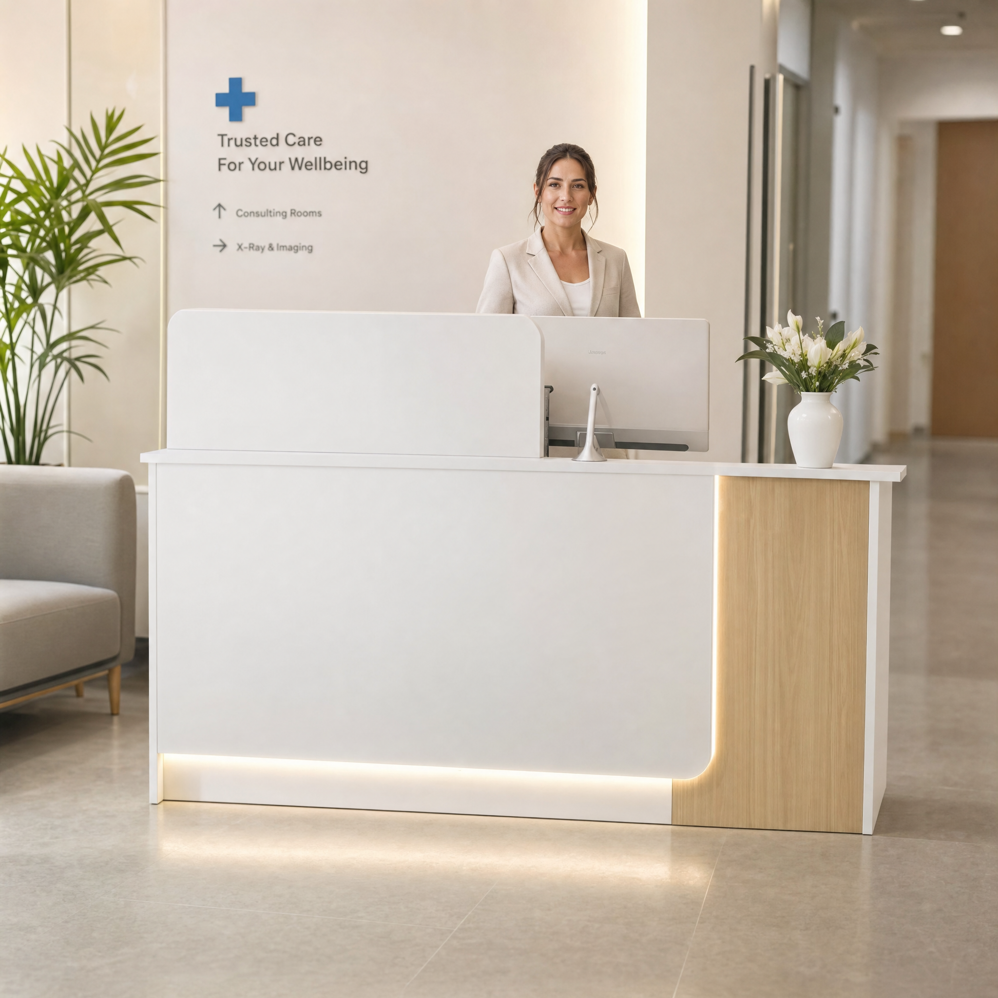 Modern reception desk with wood accent White front desk counter For salon spa beauty office