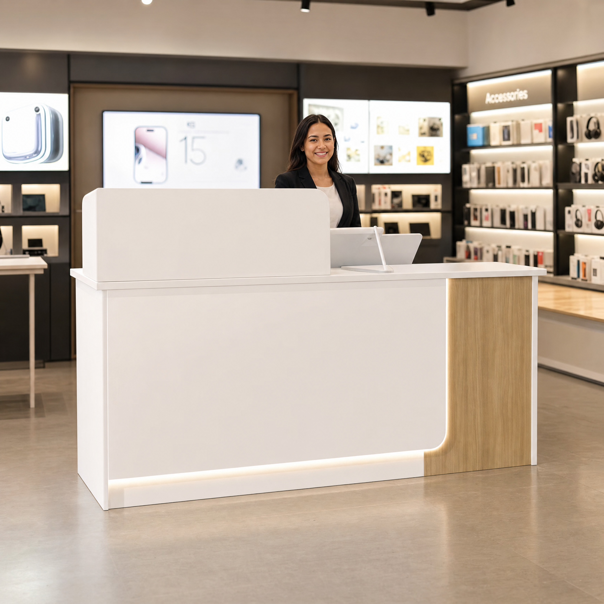 Modern reception desk with wood accent White front desk counter For salon spa beauty office