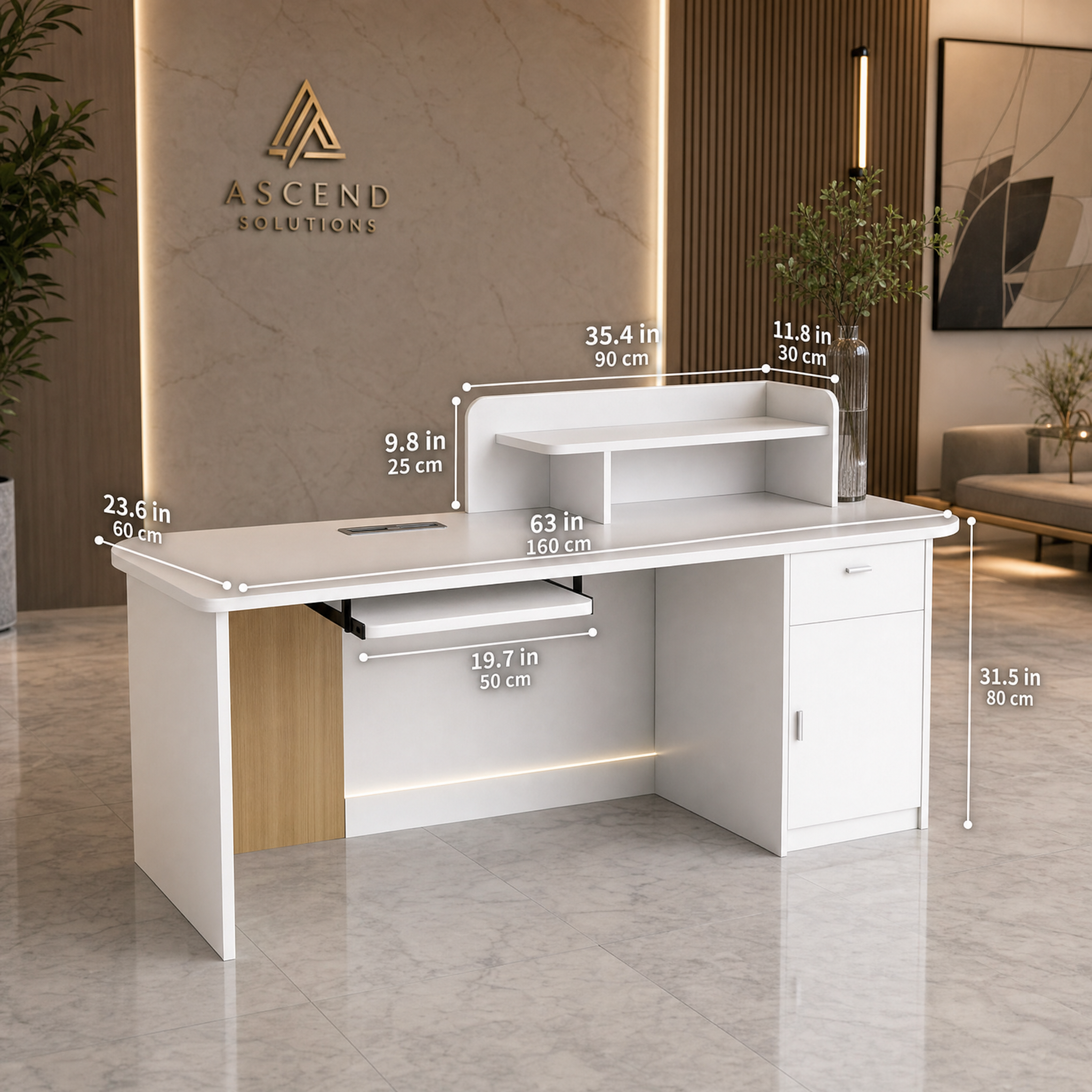 Modern reception desk with wood accent White front desk counter For salon spa beauty office