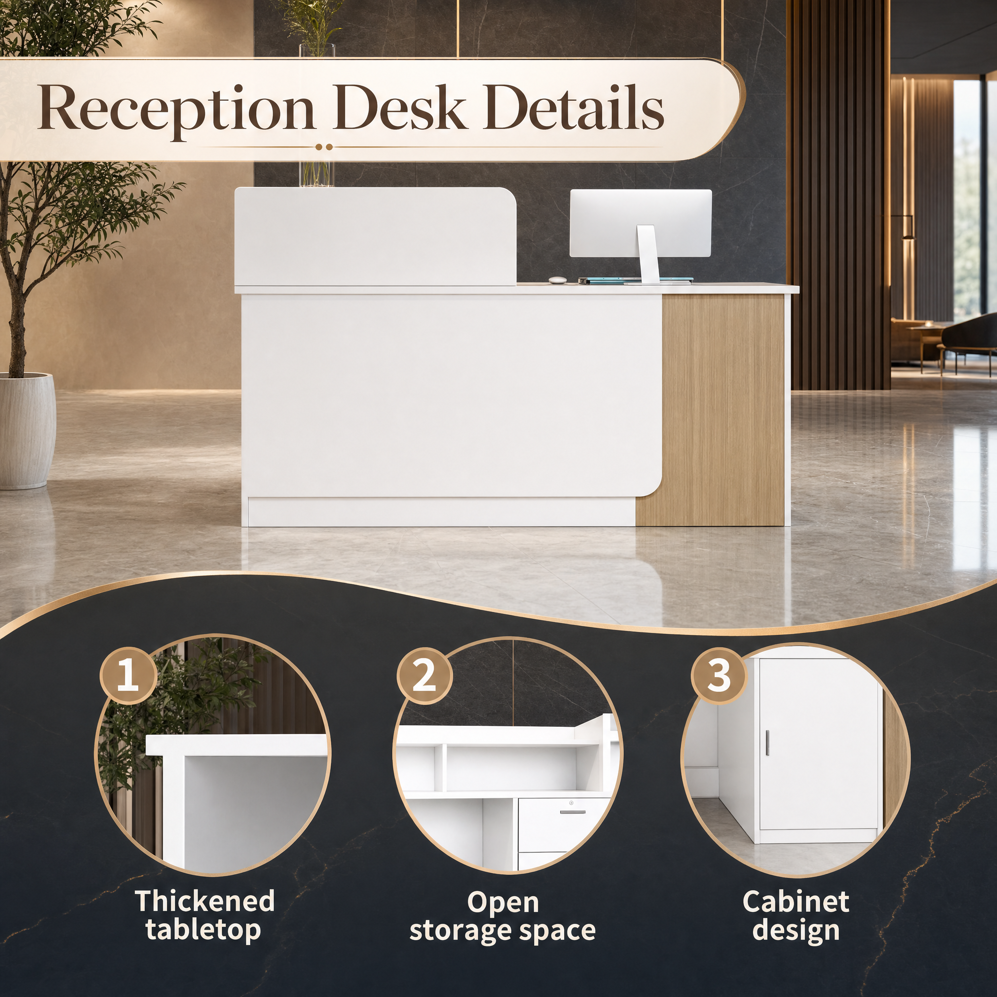 Modern reception desk with wood accent White front desk counter For salon spa beauty office