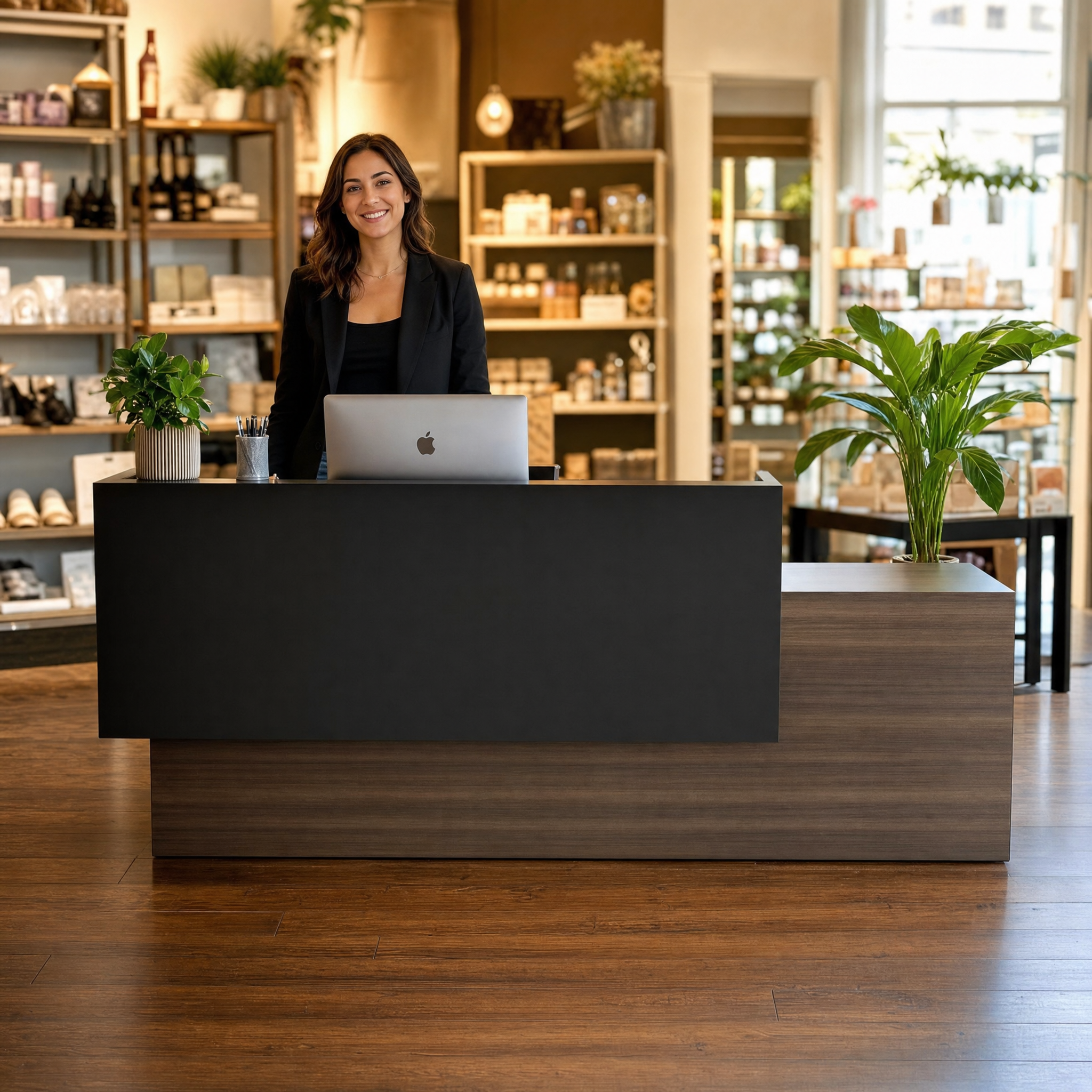 Modern reception desk with wood finish Dark front desk counter For office lobby hotel salon