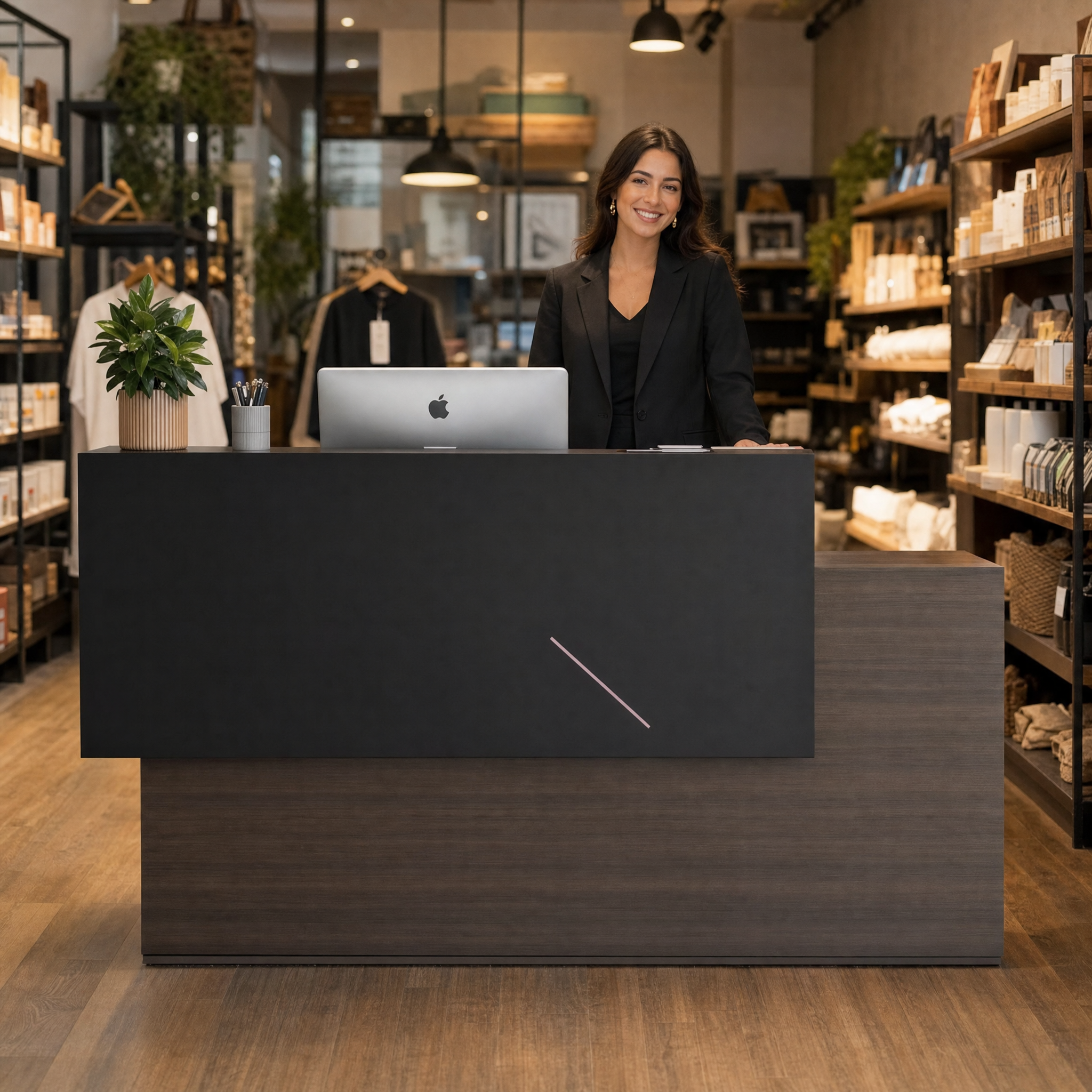 Modern reception desk with wood finish Dark front desk counter For office lobby hotel salon
