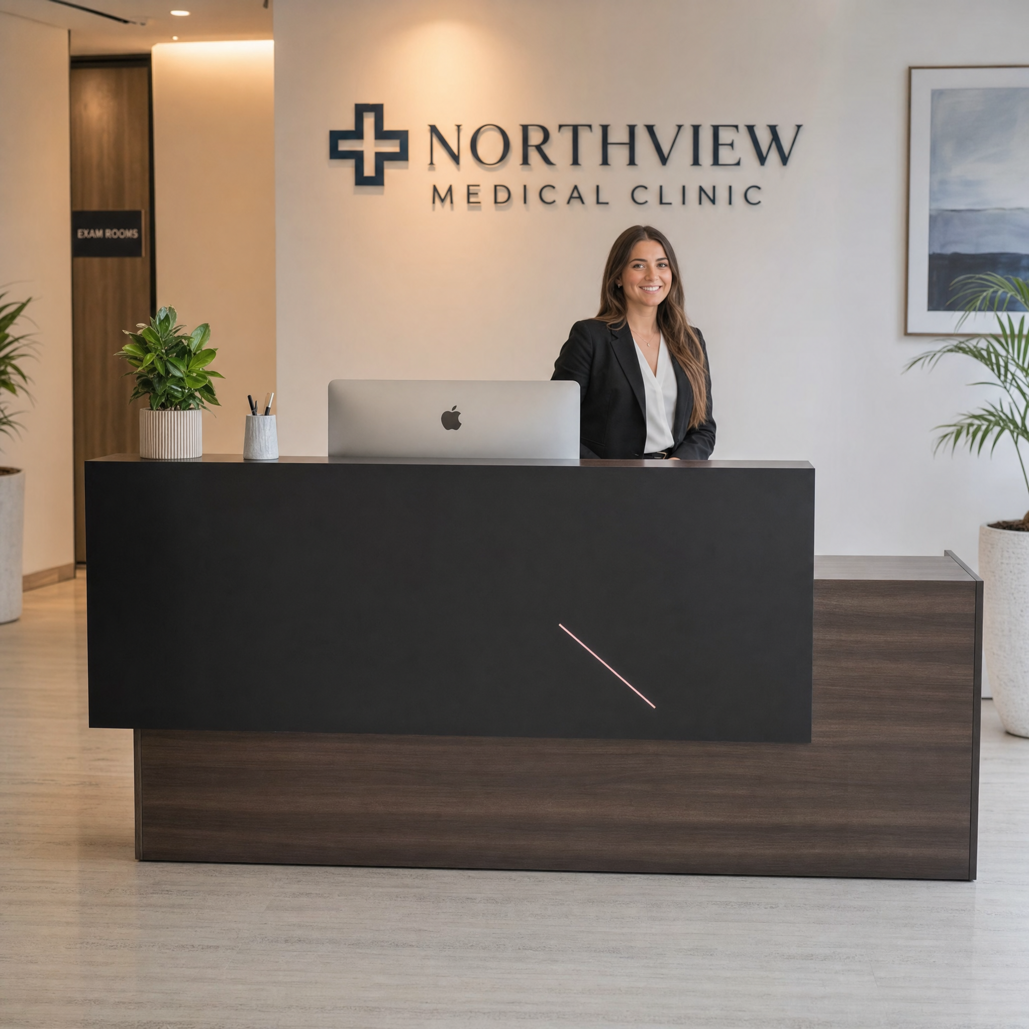 Modern reception desk with wood finish Dark front desk counter For office lobby hotel salon