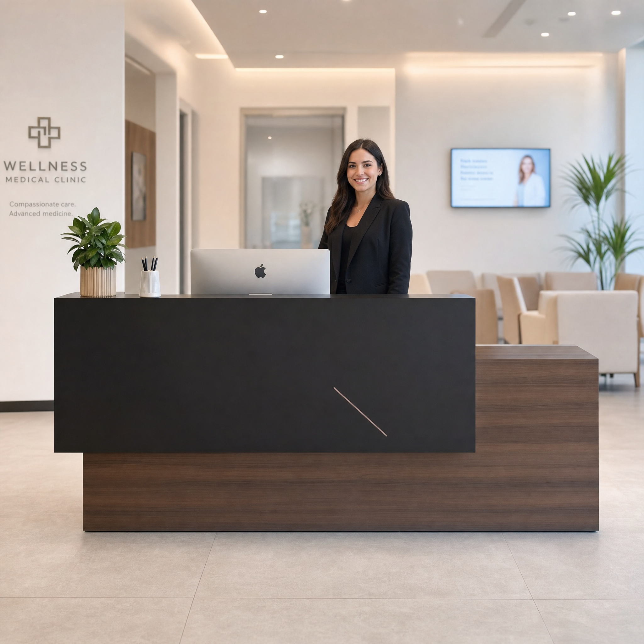 Modern reception desk with wood finish Dark front desk counter For office lobby hotel salon