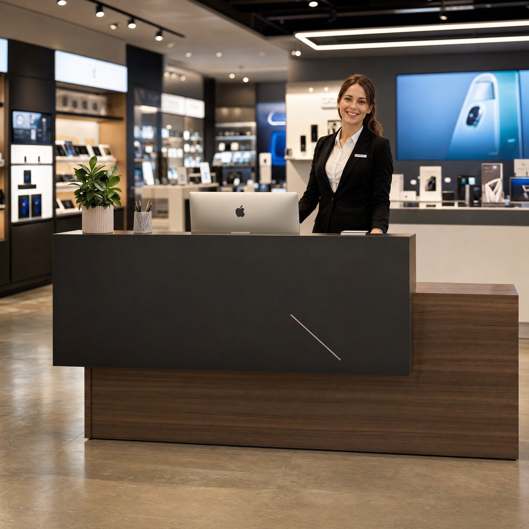 Modern reception desk with wood finish Dark front desk counter For office lobby hotel salon