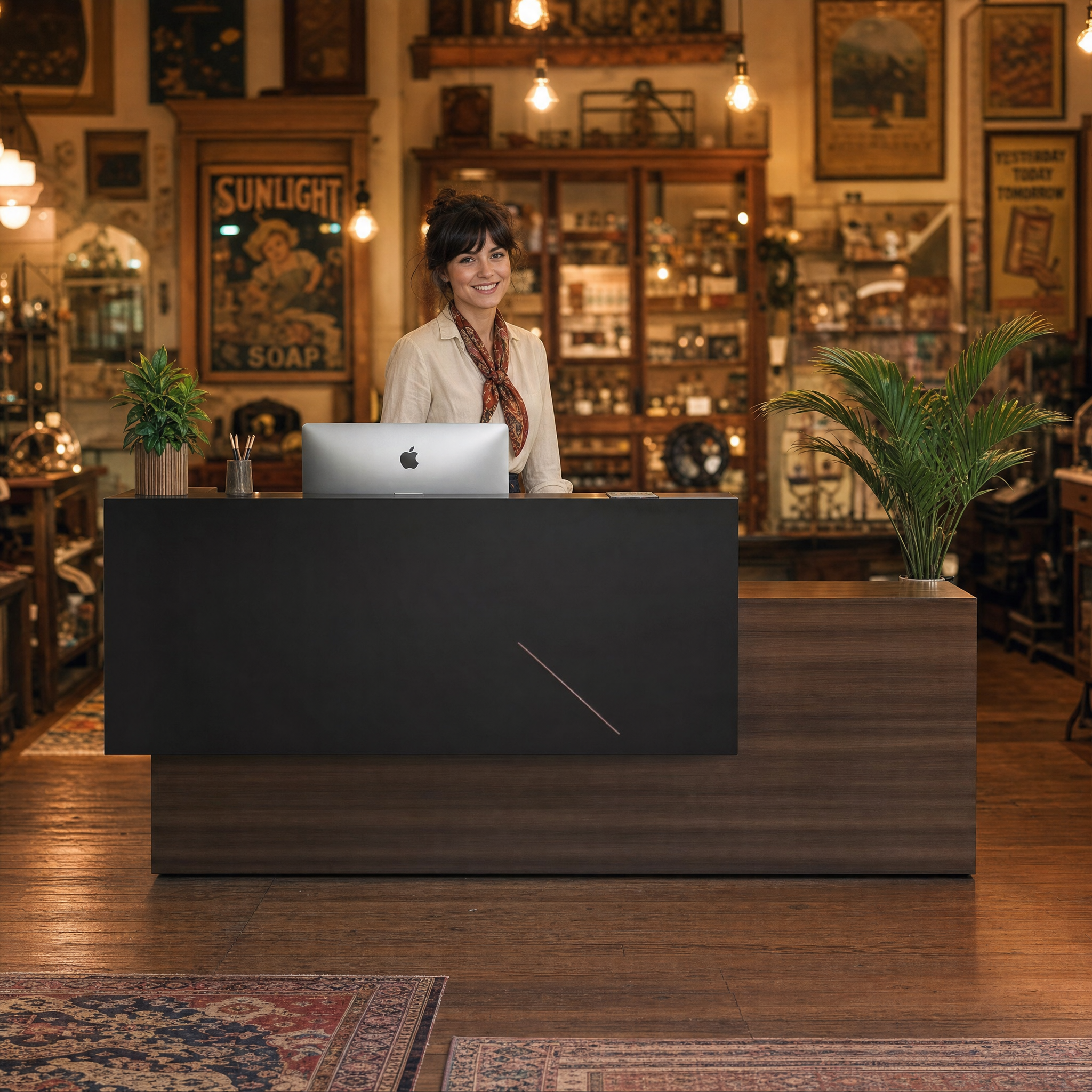 Modern reception desk with wood finish Dark front desk counter For office lobby hotel salon
