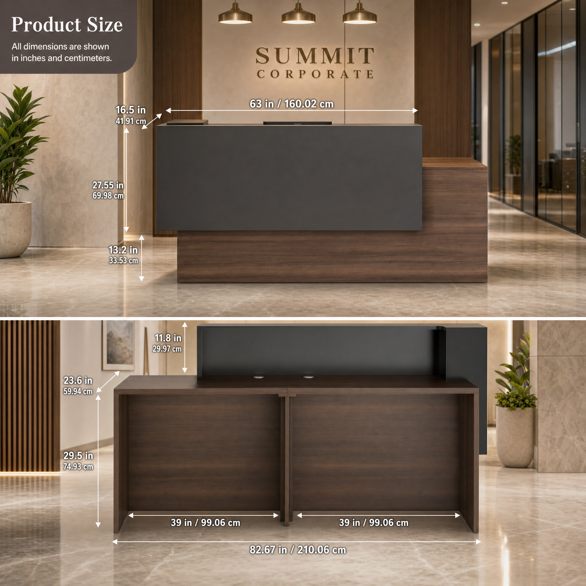 Modern reception desk with wood finish Dark front desk counter For office lobby hotel salon