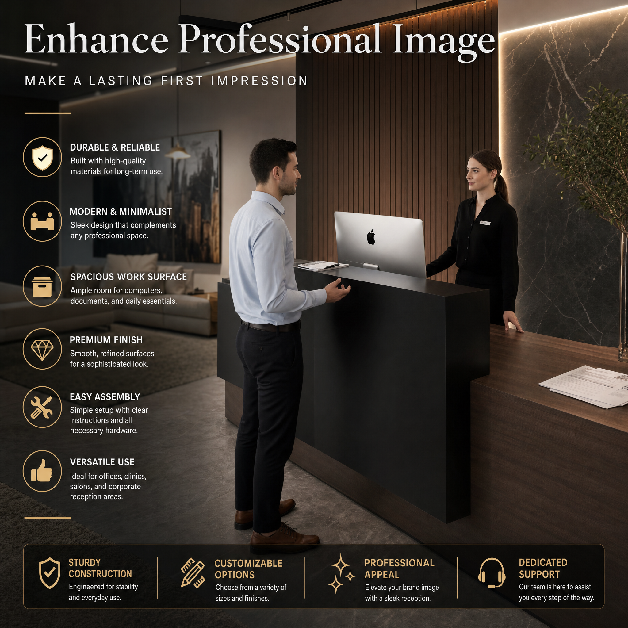Modern reception desk with wood finish Dark front desk counter For office lobby hotel salon