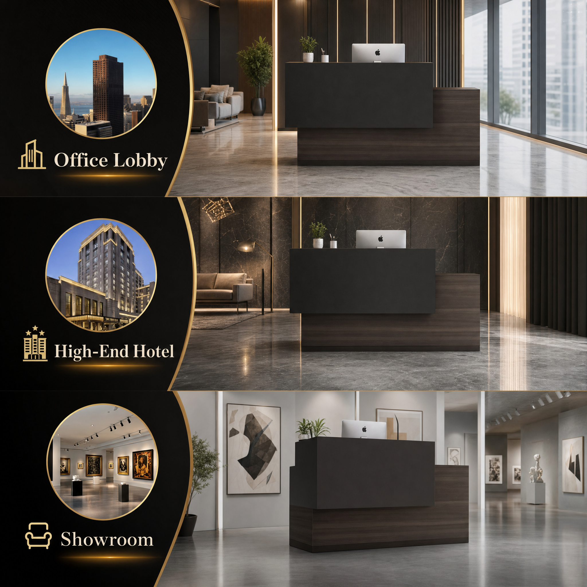 Modern reception desk with wood finish Dark front desk counter For office lobby hotel salon