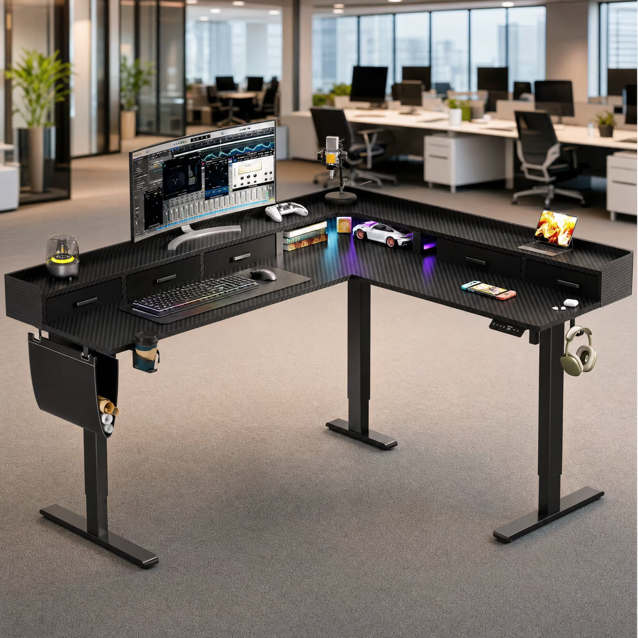 Electric standing desk with storage drawers Corner l shaped gaming desk For home office game room