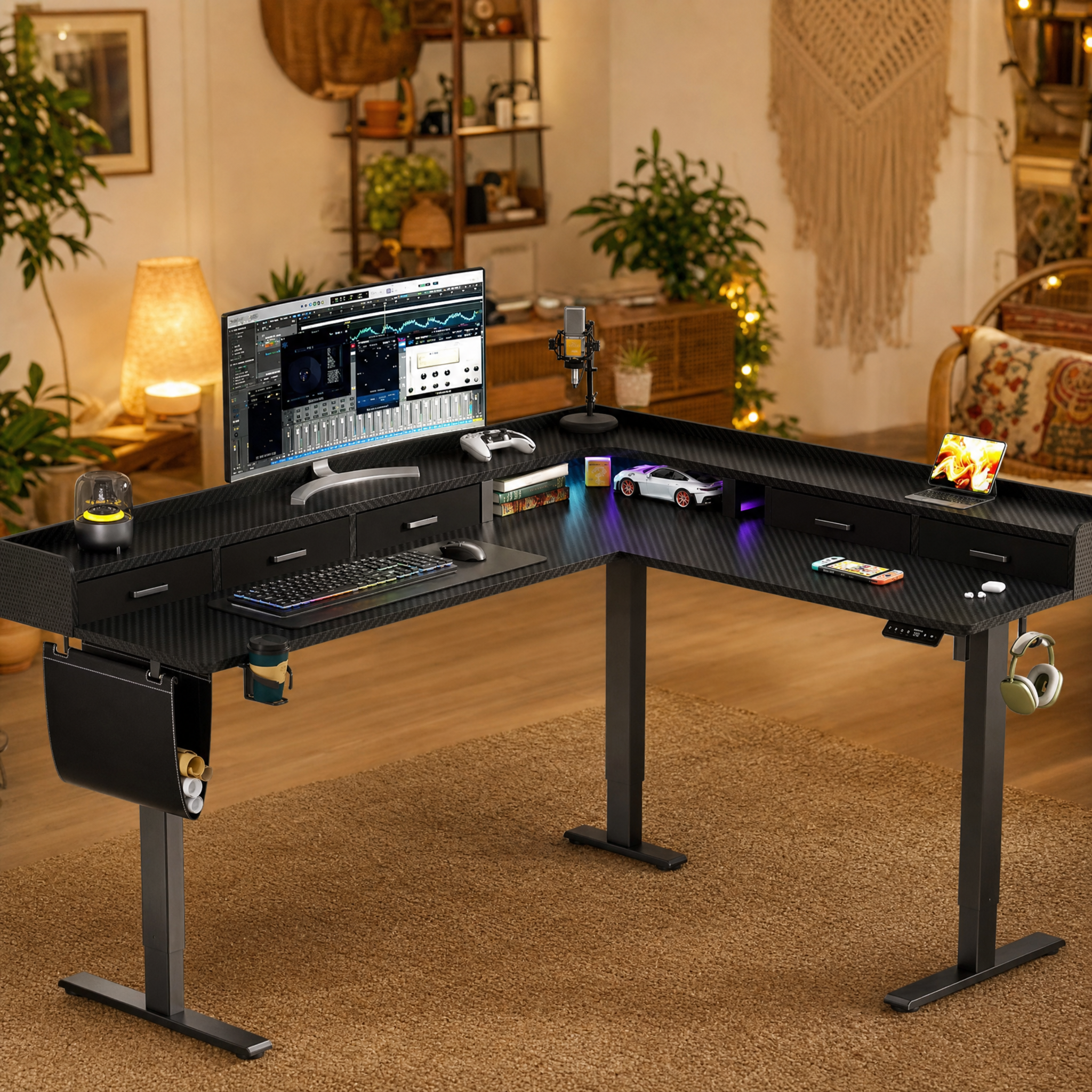 Electric standing desk with storage drawers Corner l shaped gaming desk For home office game room