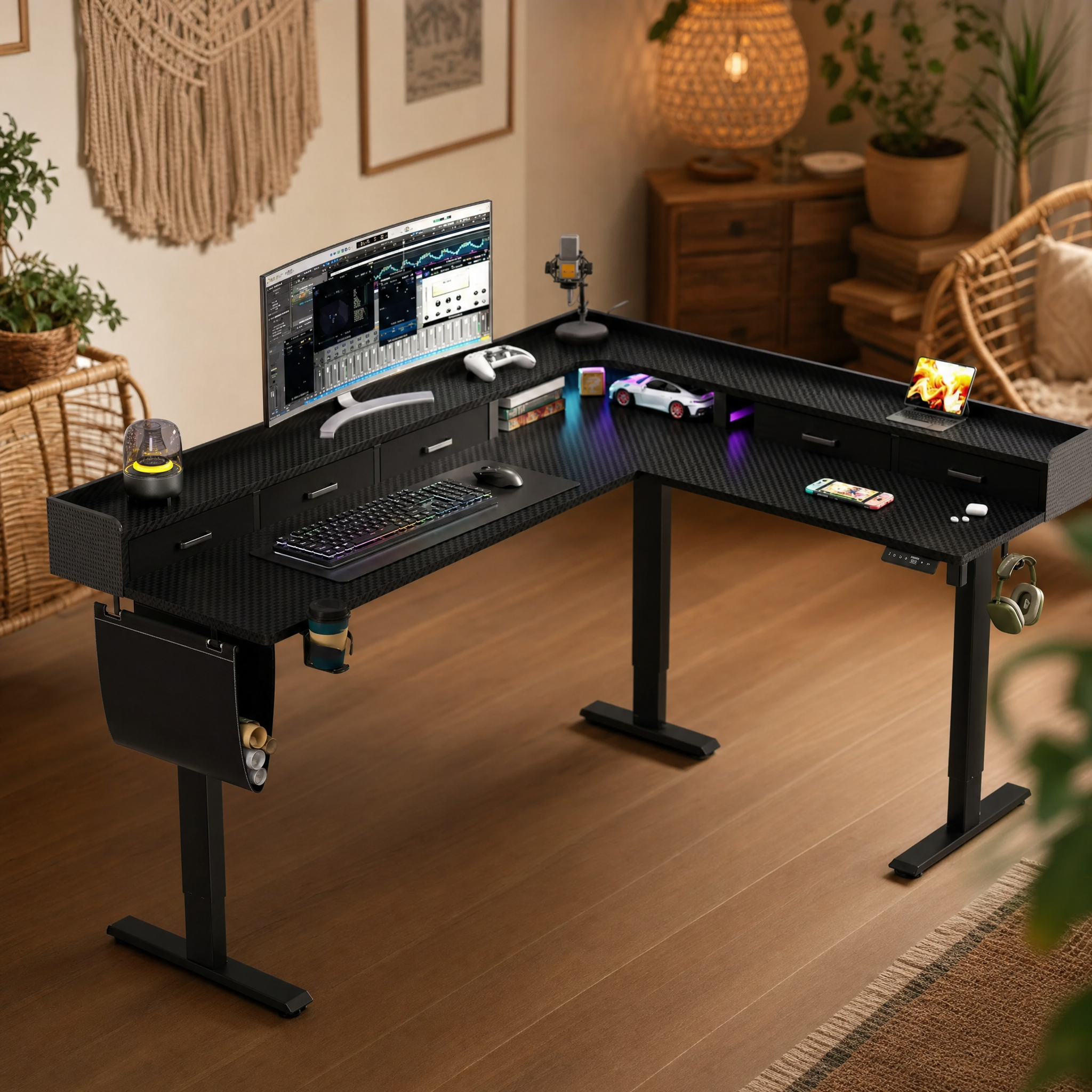 Electric standing desk with storage drawers Corner l shaped gaming desk For home office game room