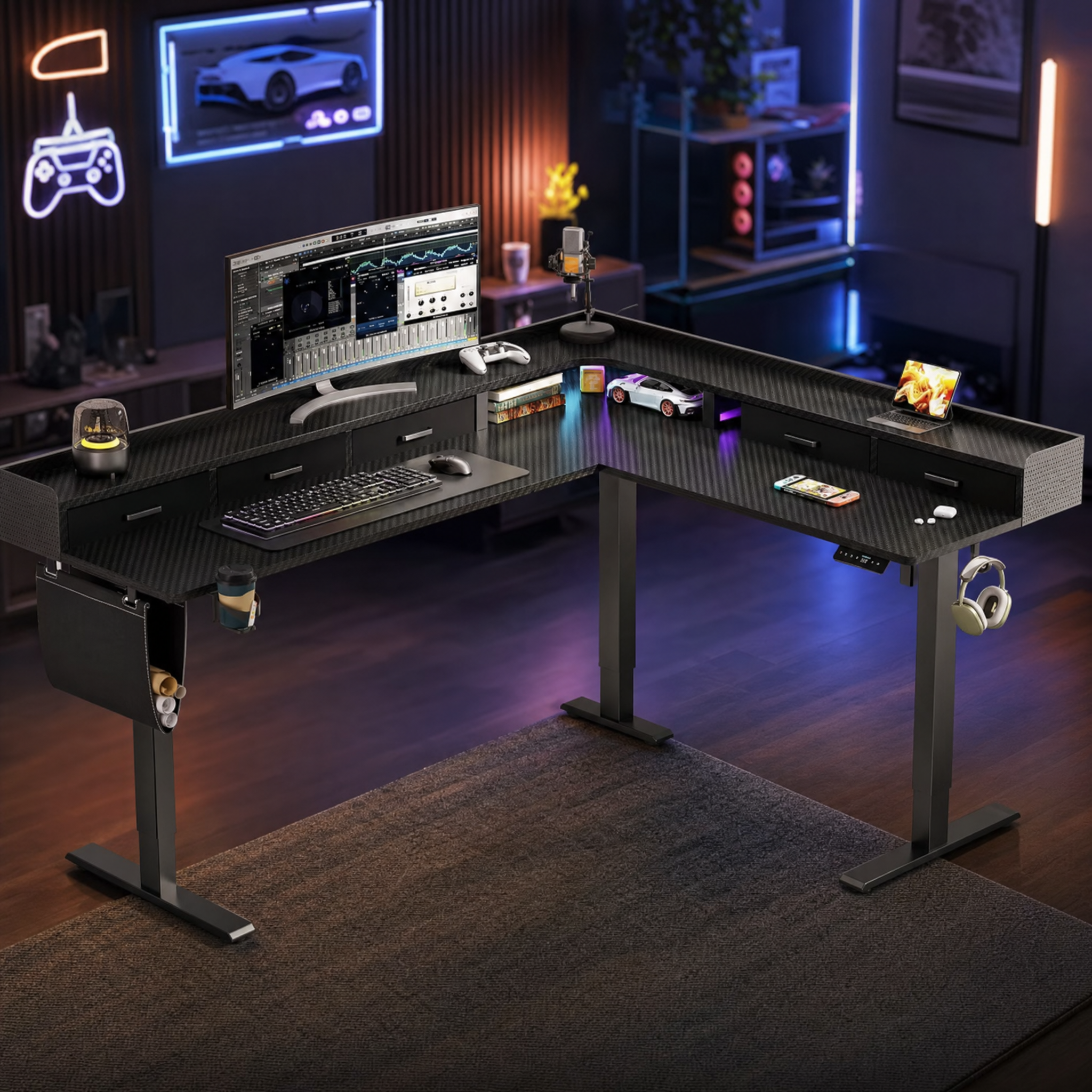 Electric standing desk with storage drawers Corner l shaped gaming desk For home office game room