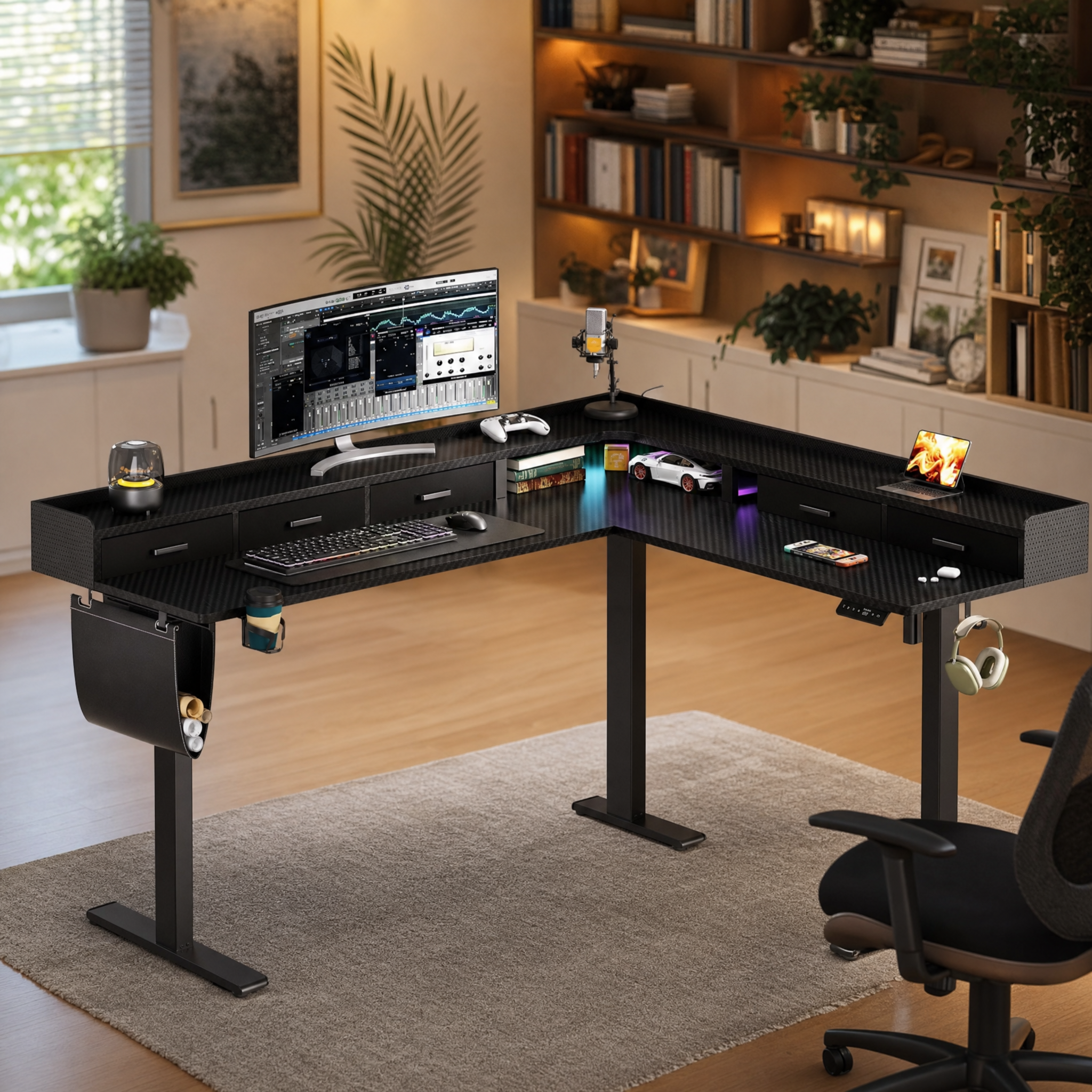 Electric standing desk with storage drawers Corner l shaped gaming desk For home office game room