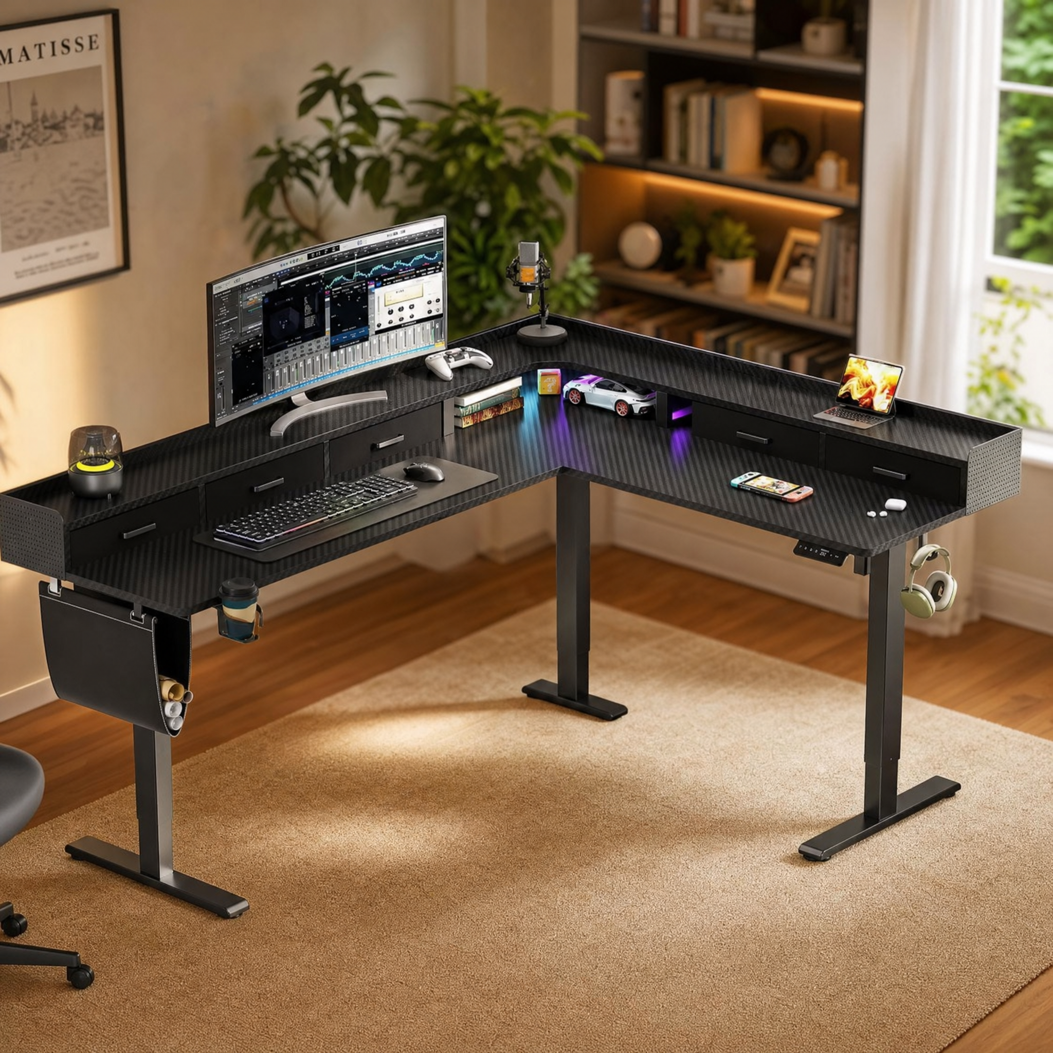 Electric standing desk with storage drawers Corner l shaped gaming desk For home office game room