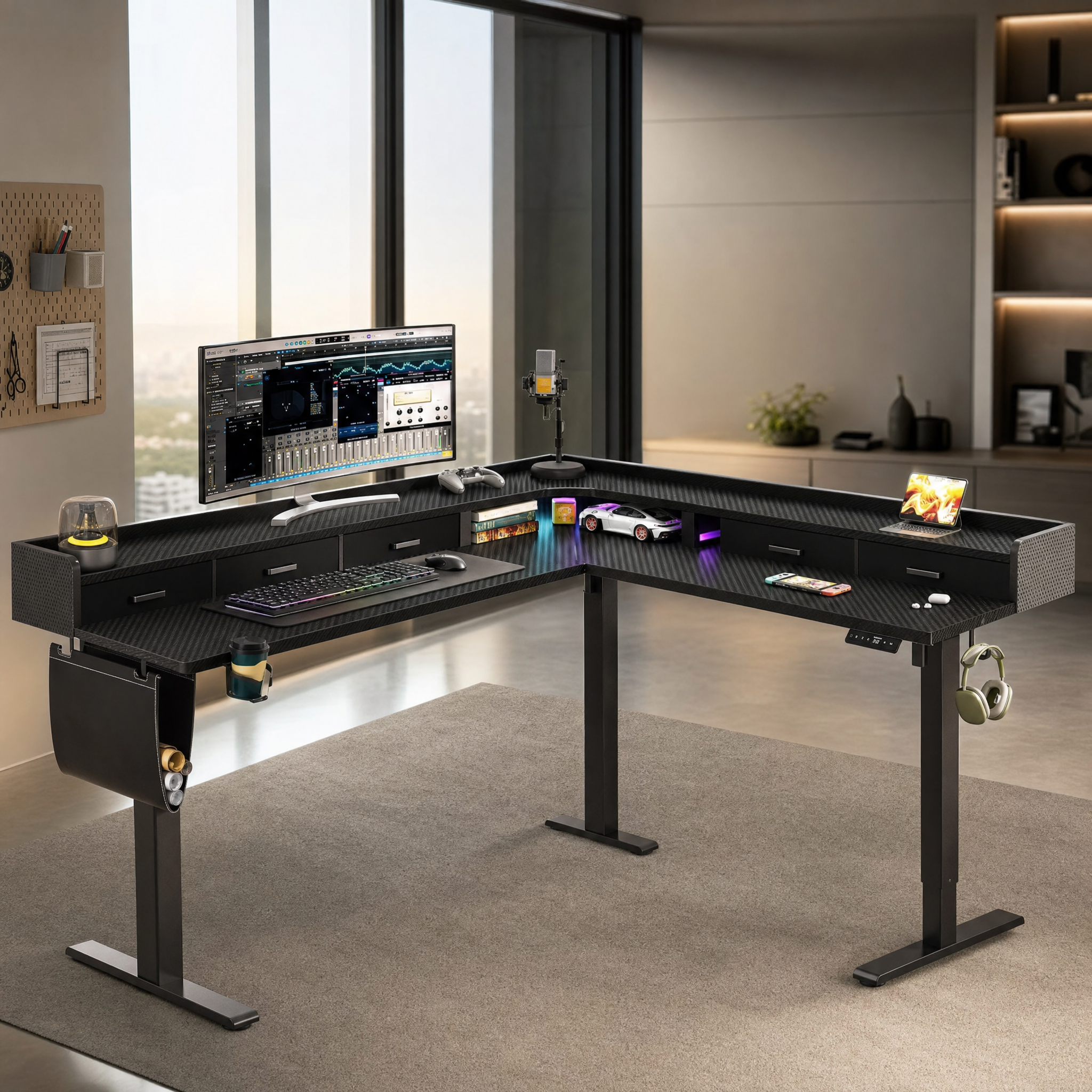 Electric standing desk with storage drawers Corner l shaped gaming desk For home office game room