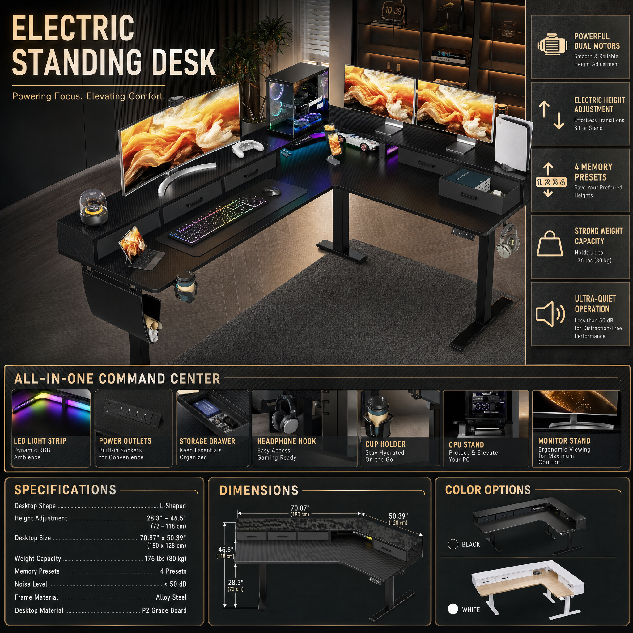 Electric standing desk with storage drawers Corner l shaped gaming desk For home office game room