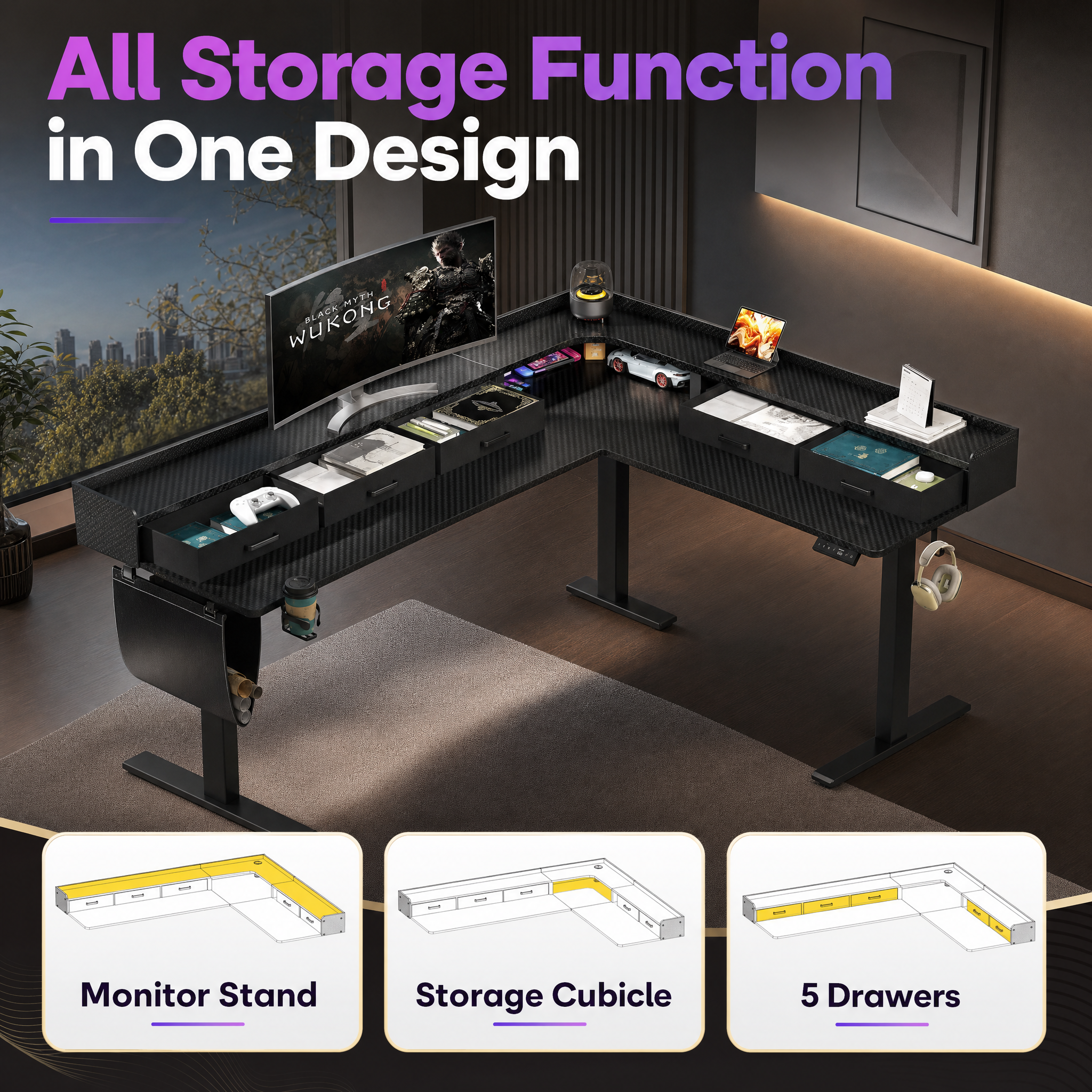 Electric standing desk with storage drawers Corner l shaped gaming desk For home office game room