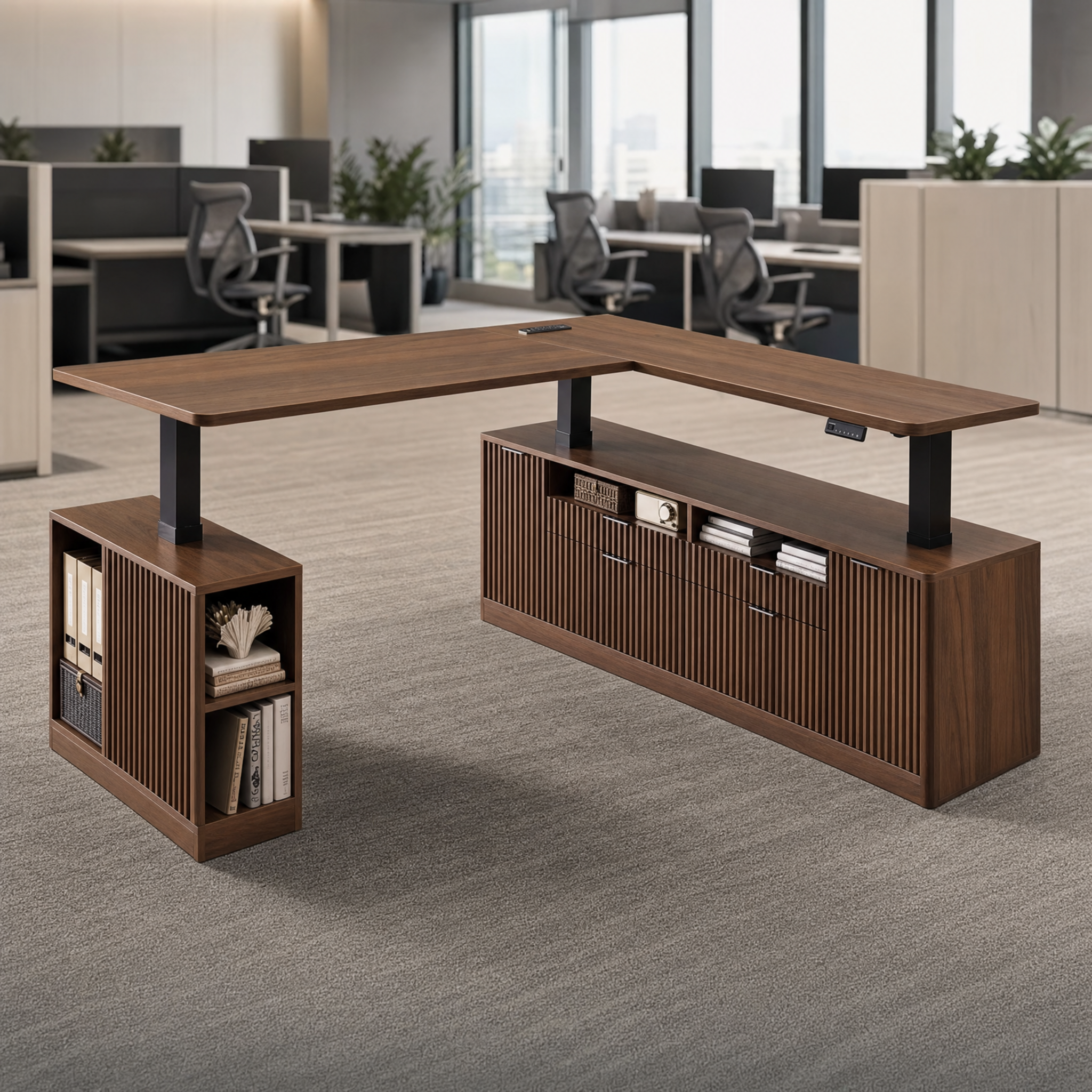 Electric standing desk with storage cabinet Walnut l shaped executive desk For home office