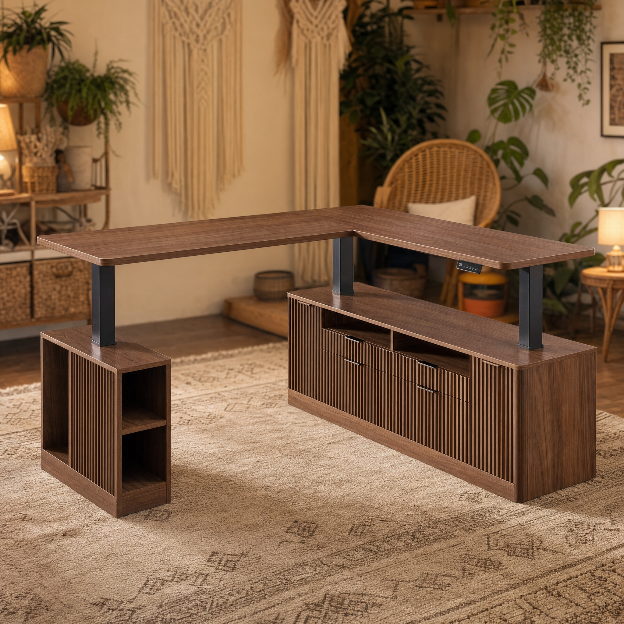 Electric standing desk with storage cabinet Walnut l shaped executive desk For home office