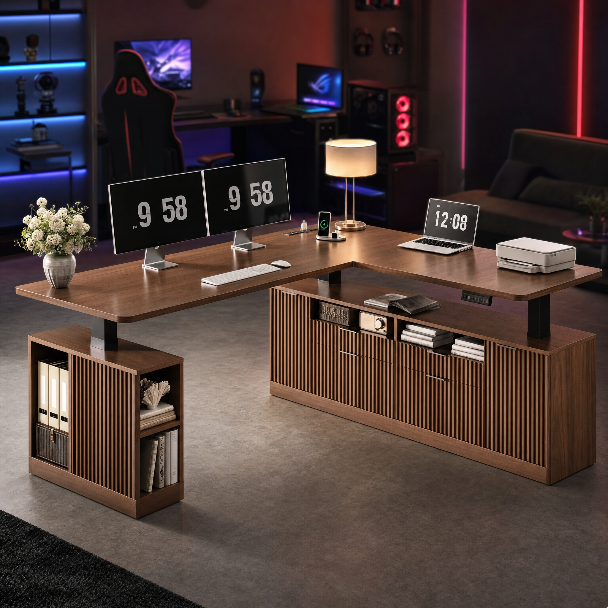Electric standing desk with storage cabinet Walnut l shaped executive desk For home office