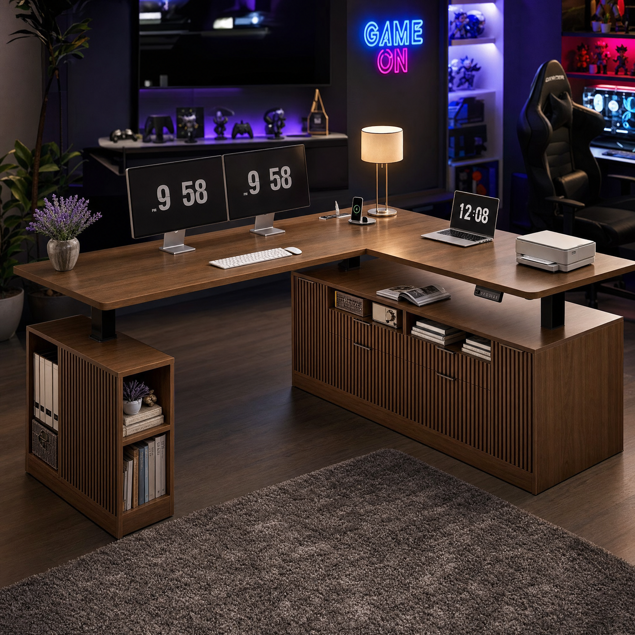 Electric standing desk with storage cabinet Walnut l shaped executive desk For home office