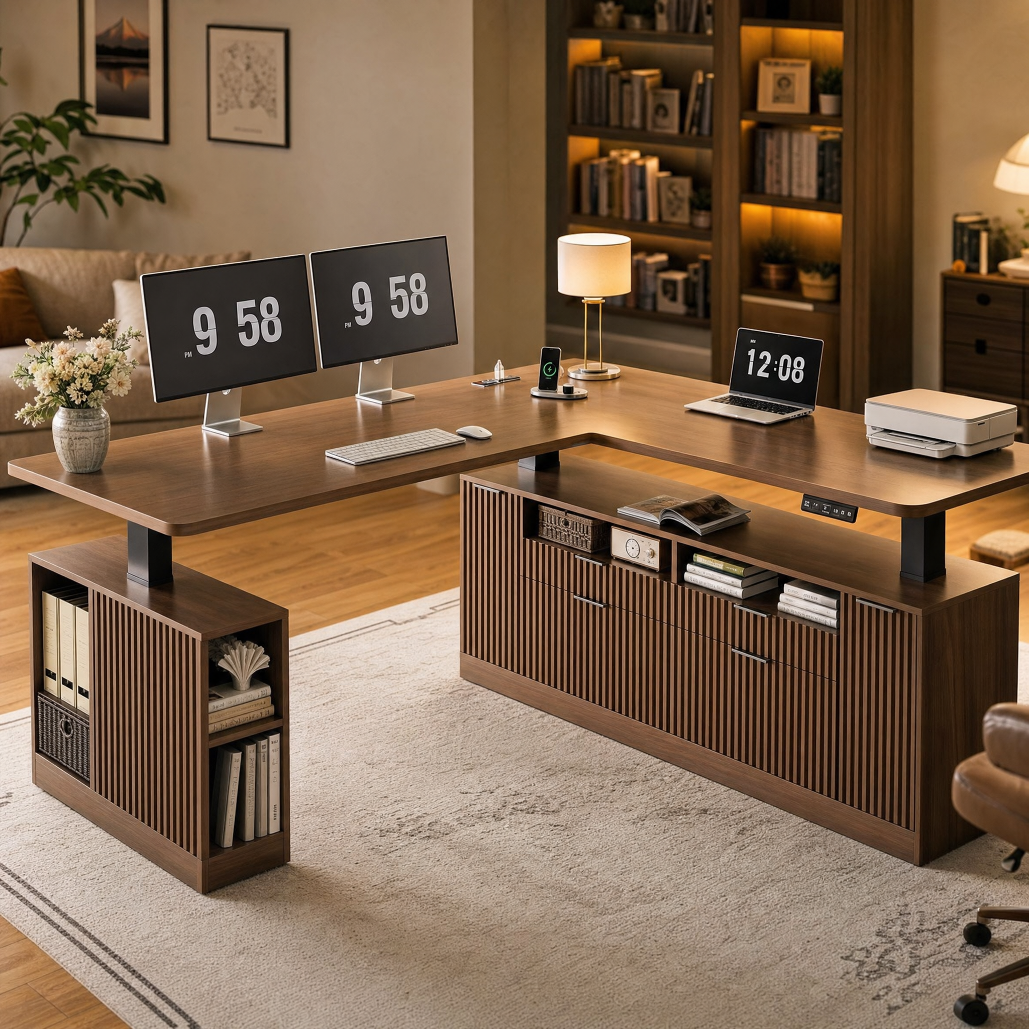 Electric standing desk with storage cabinet Walnut l shaped executive desk For home office