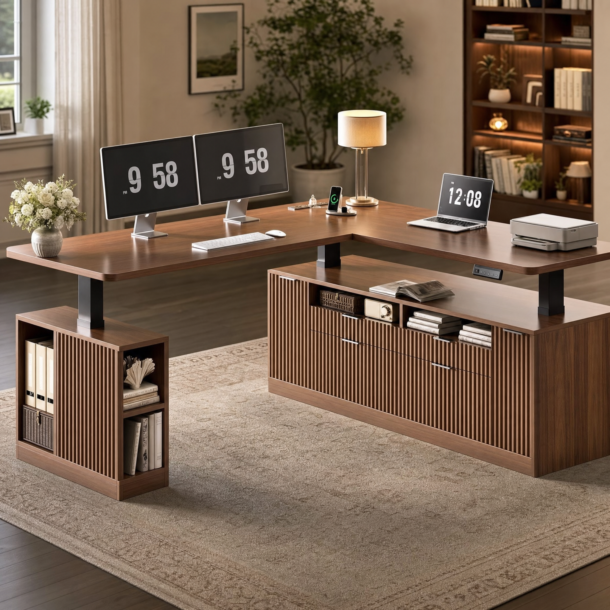 Electric standing desk with storage cabinet Walnut l shaped executive desk For home office