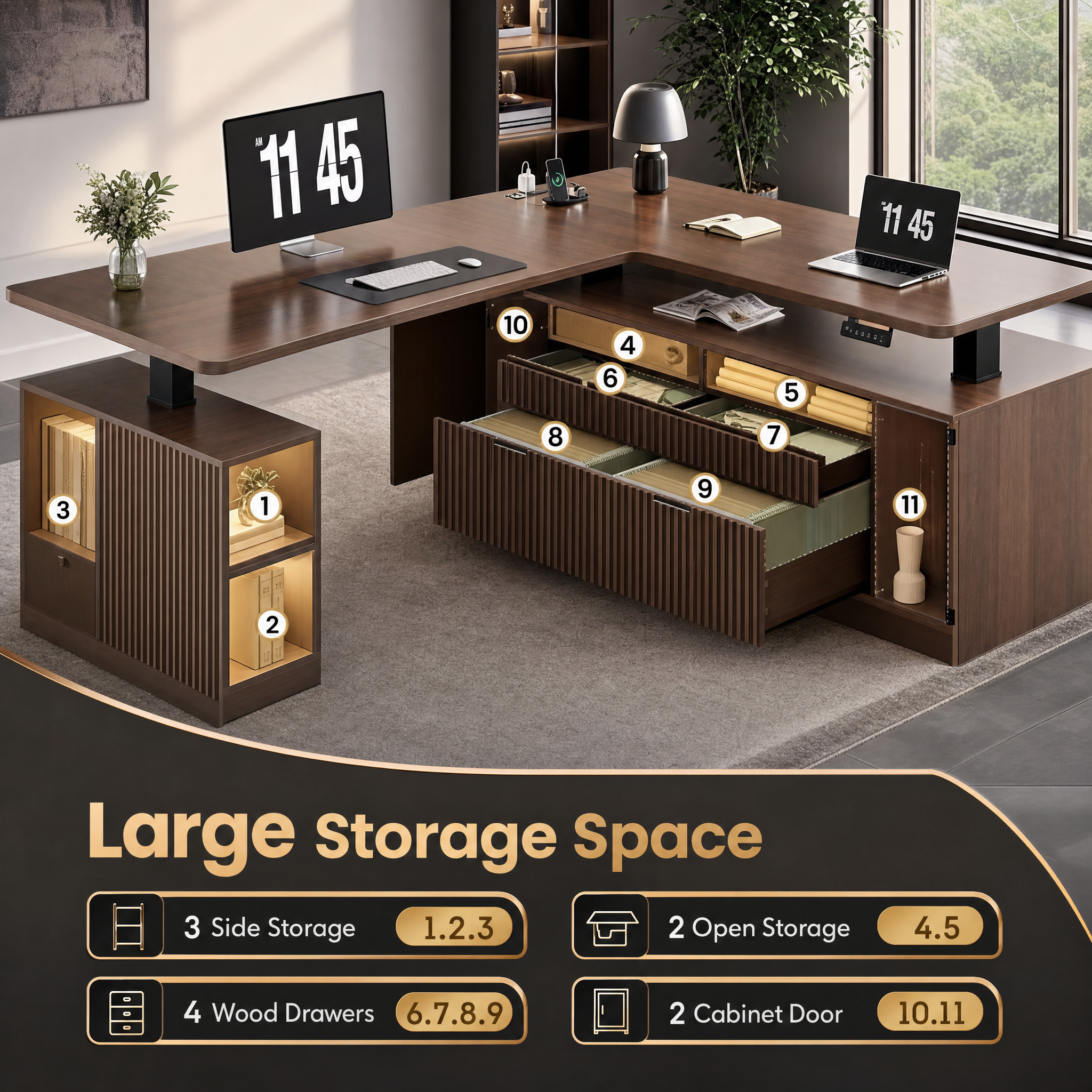 Electric standing desk with storage cabinet Walnut l shaped executive desk For home office