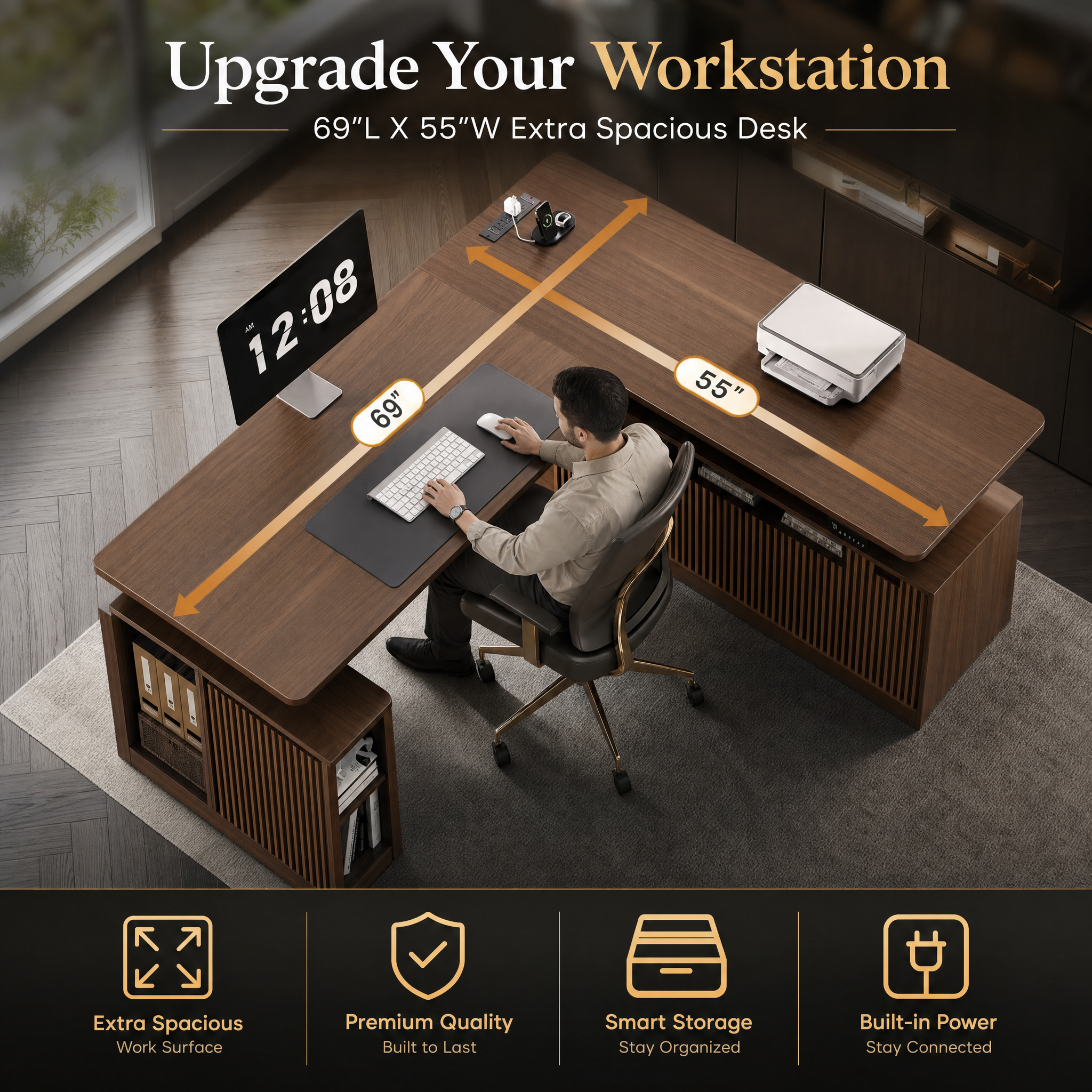 Electric standing desk with storage cabinet Walnut l shaped executive desk For home office