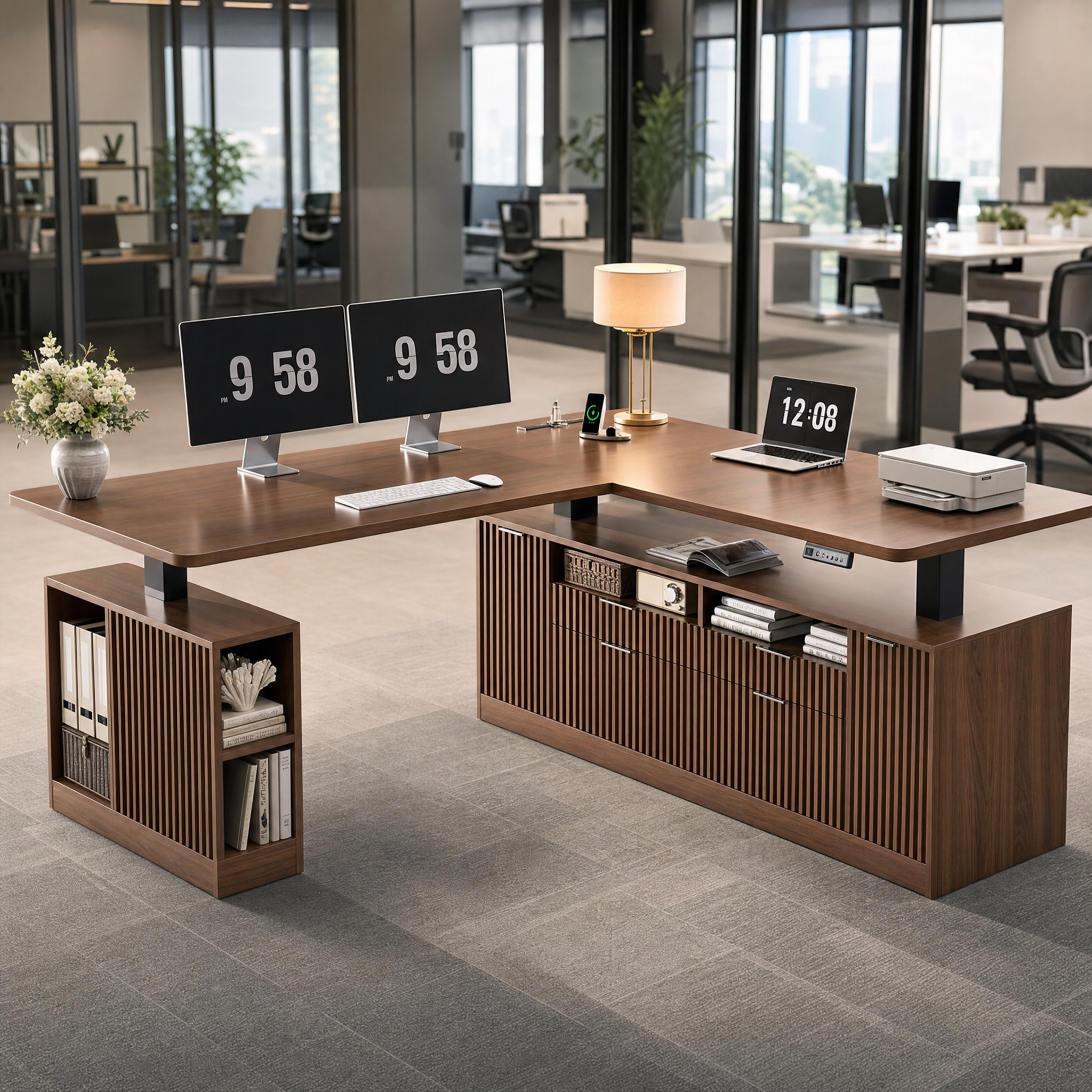 Electric standing desk with storage cabinet Walnut l shaped executive desk For home office