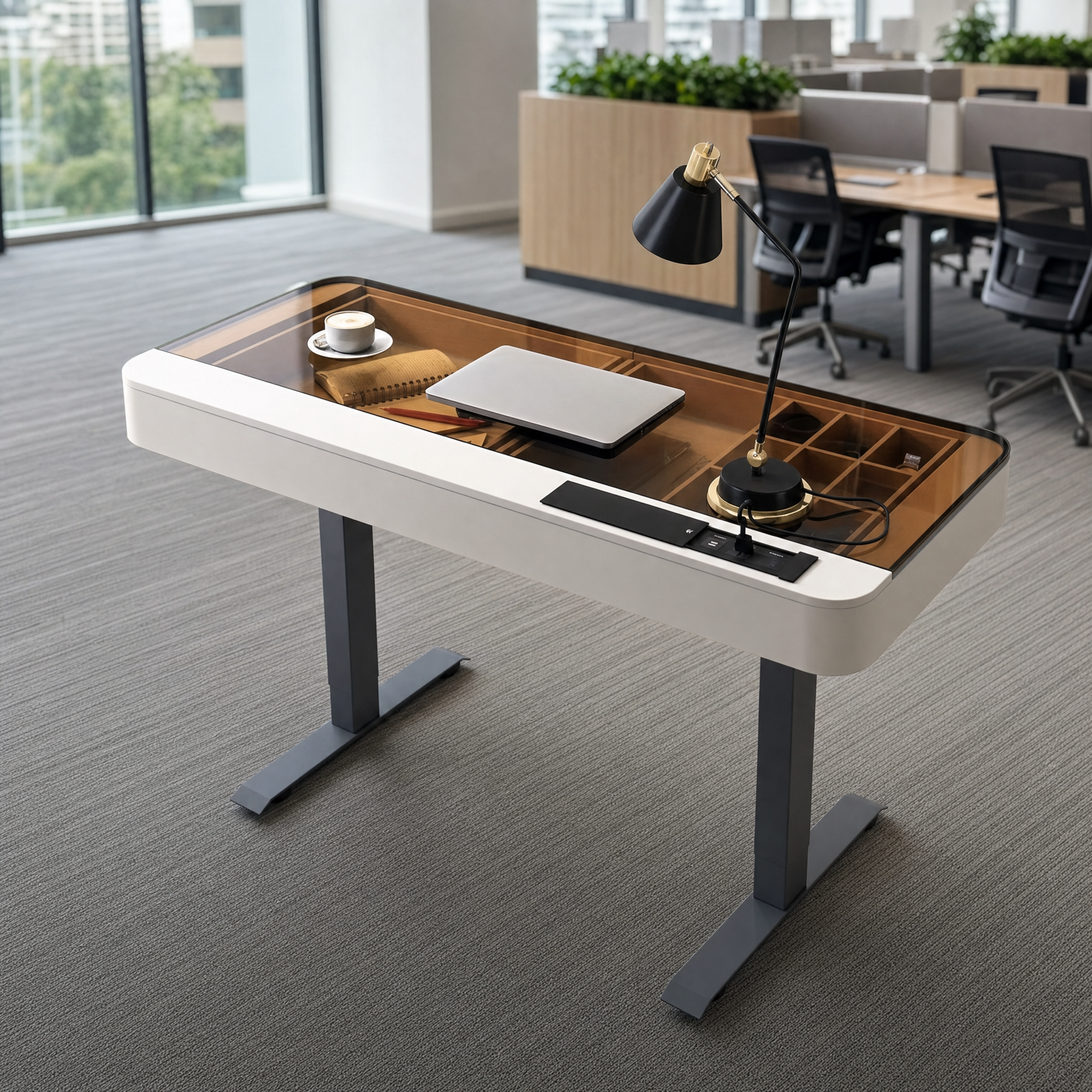Electric standing desk with glass top White small computer desk For home office bedroom