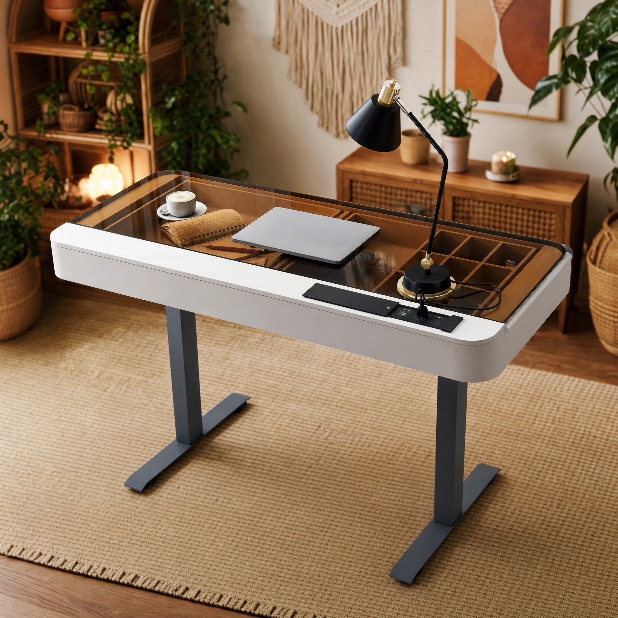 Electric standing desk with glass top White small computer desk For home office bedroom