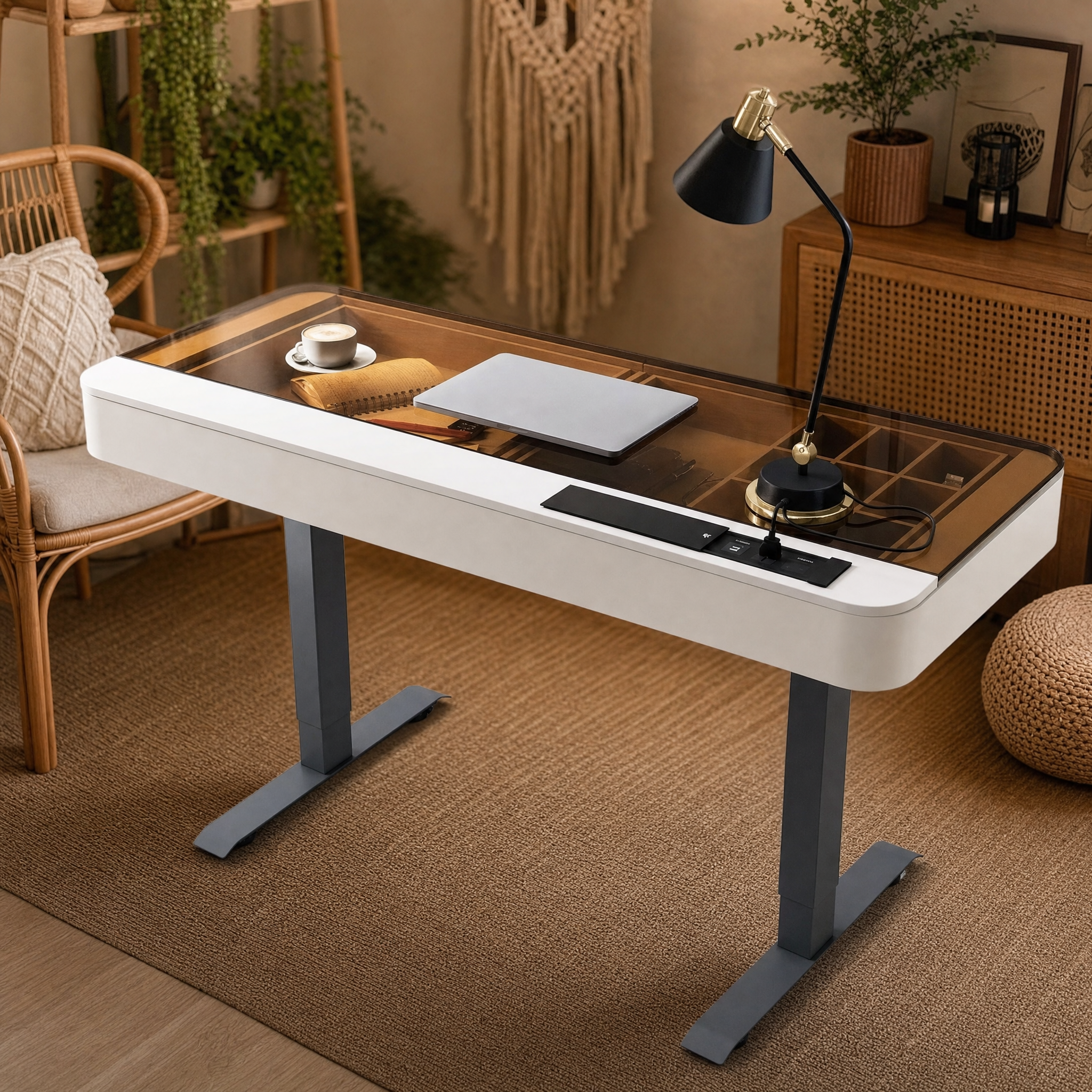 Electric standing desk with glass top White small computer desk For home office bedroom