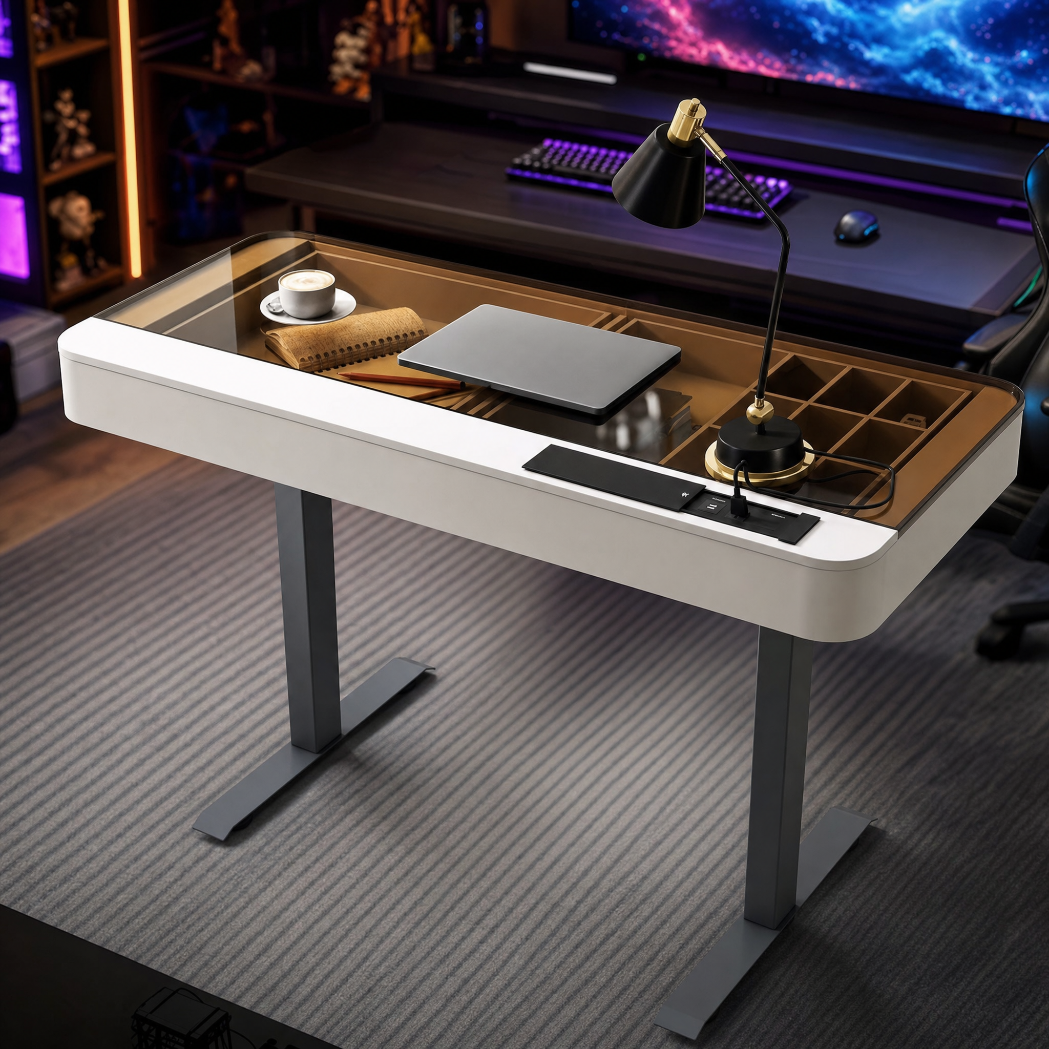 Electric standing desk with glass top White small computer desk For home office bedroom
