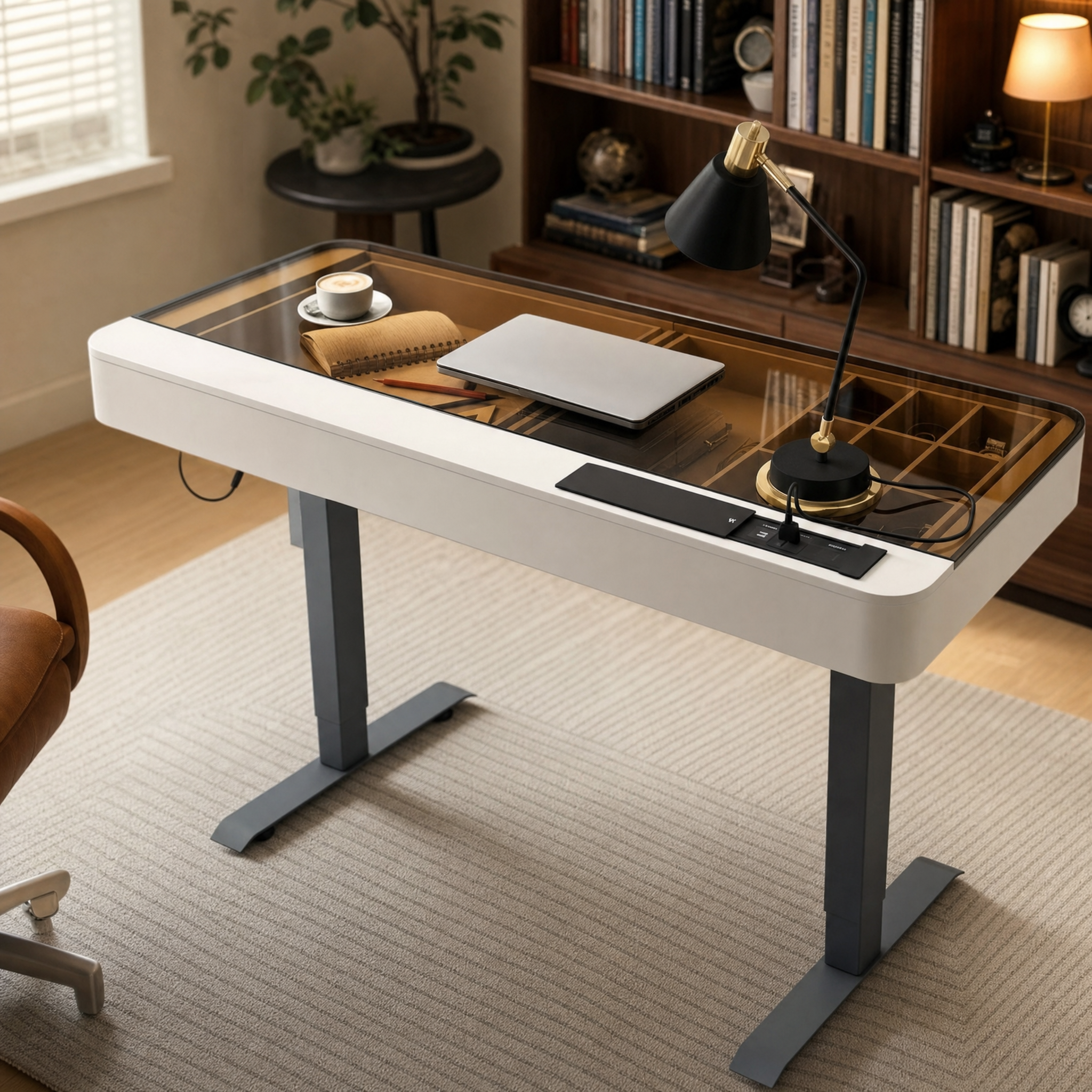 Electric standing desk with glass top White small computer desk For home office bedroom
