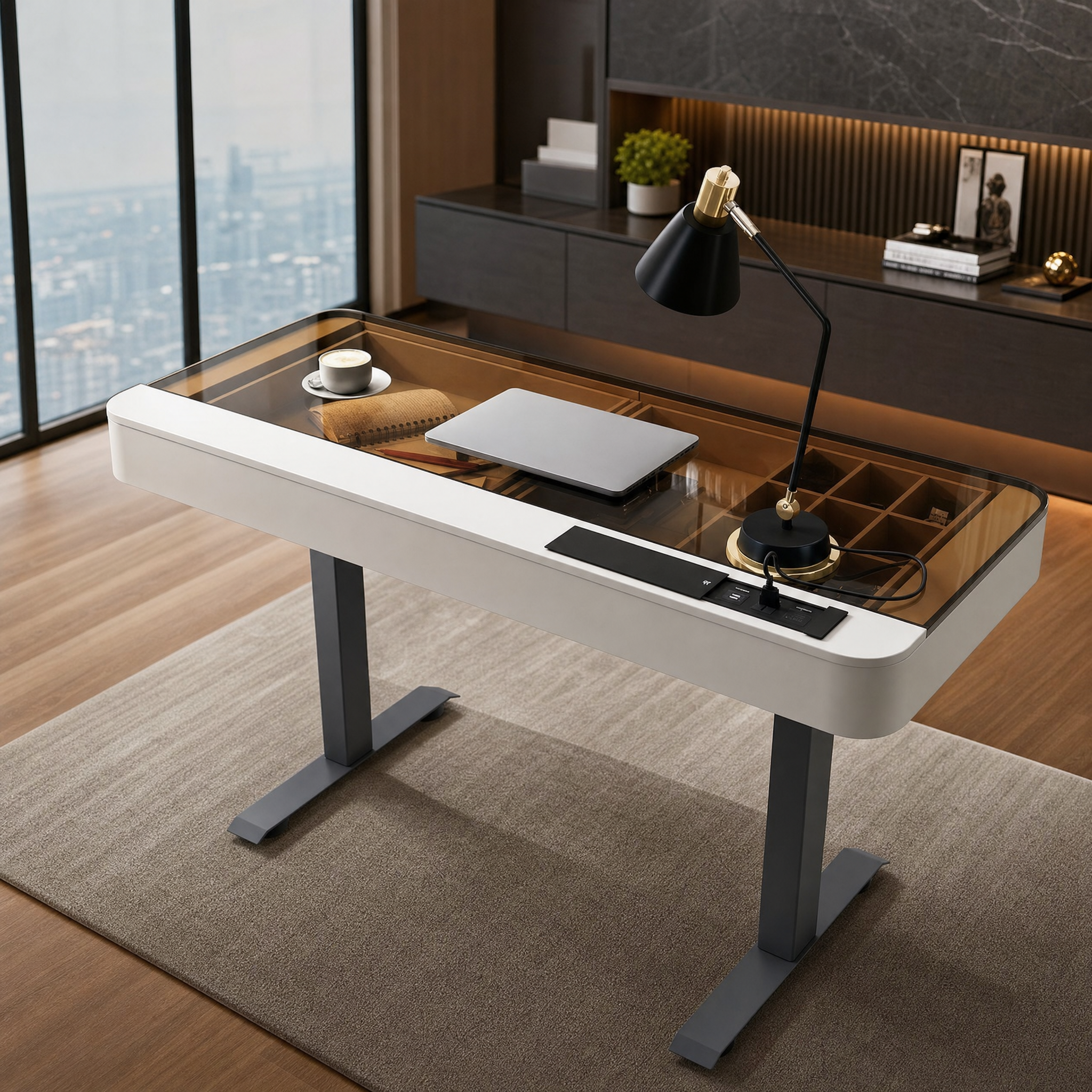 Electric standing desk with glass top White small computer desk For home office bedroom