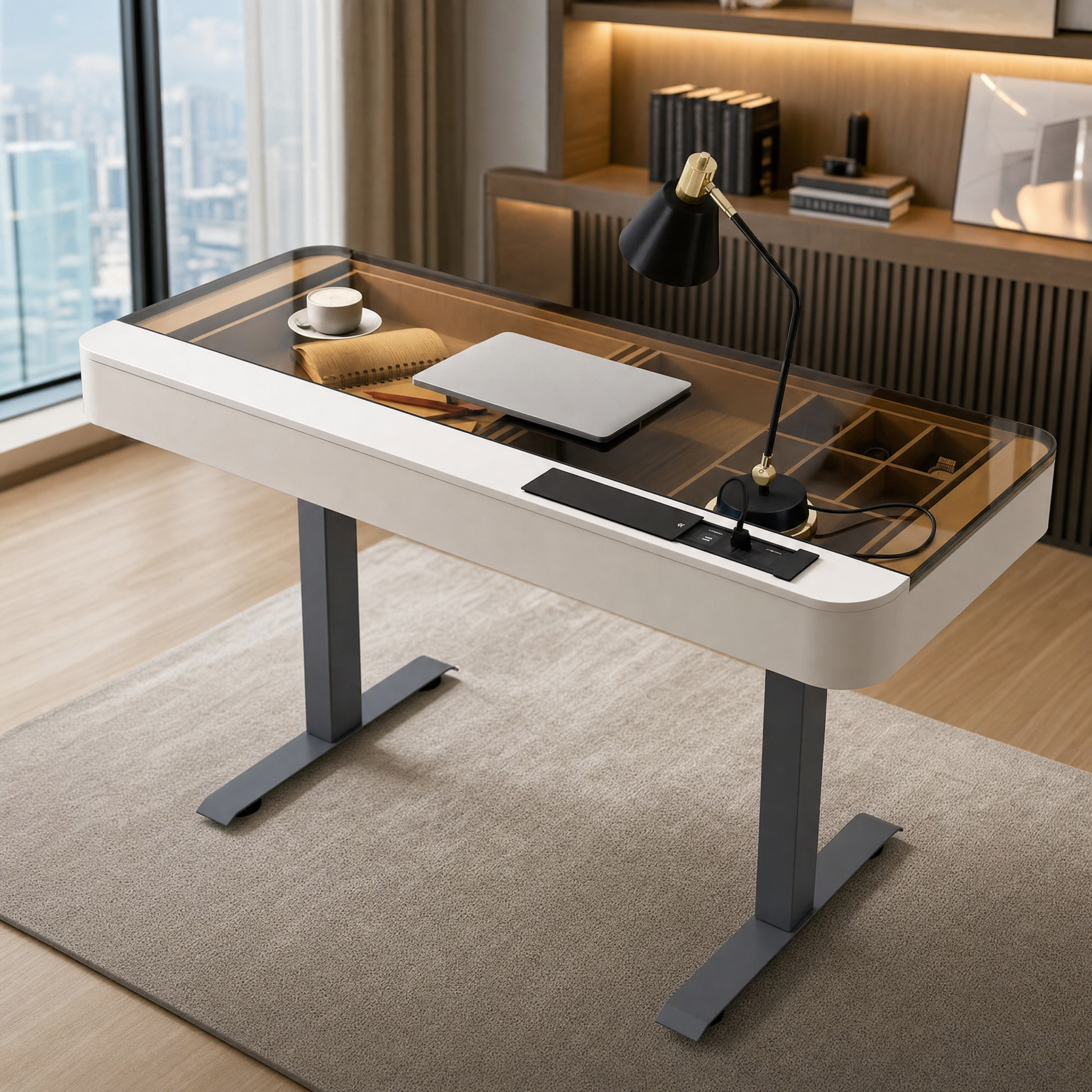 Electric standing desk with glass top White small computer desk For home office bedroom