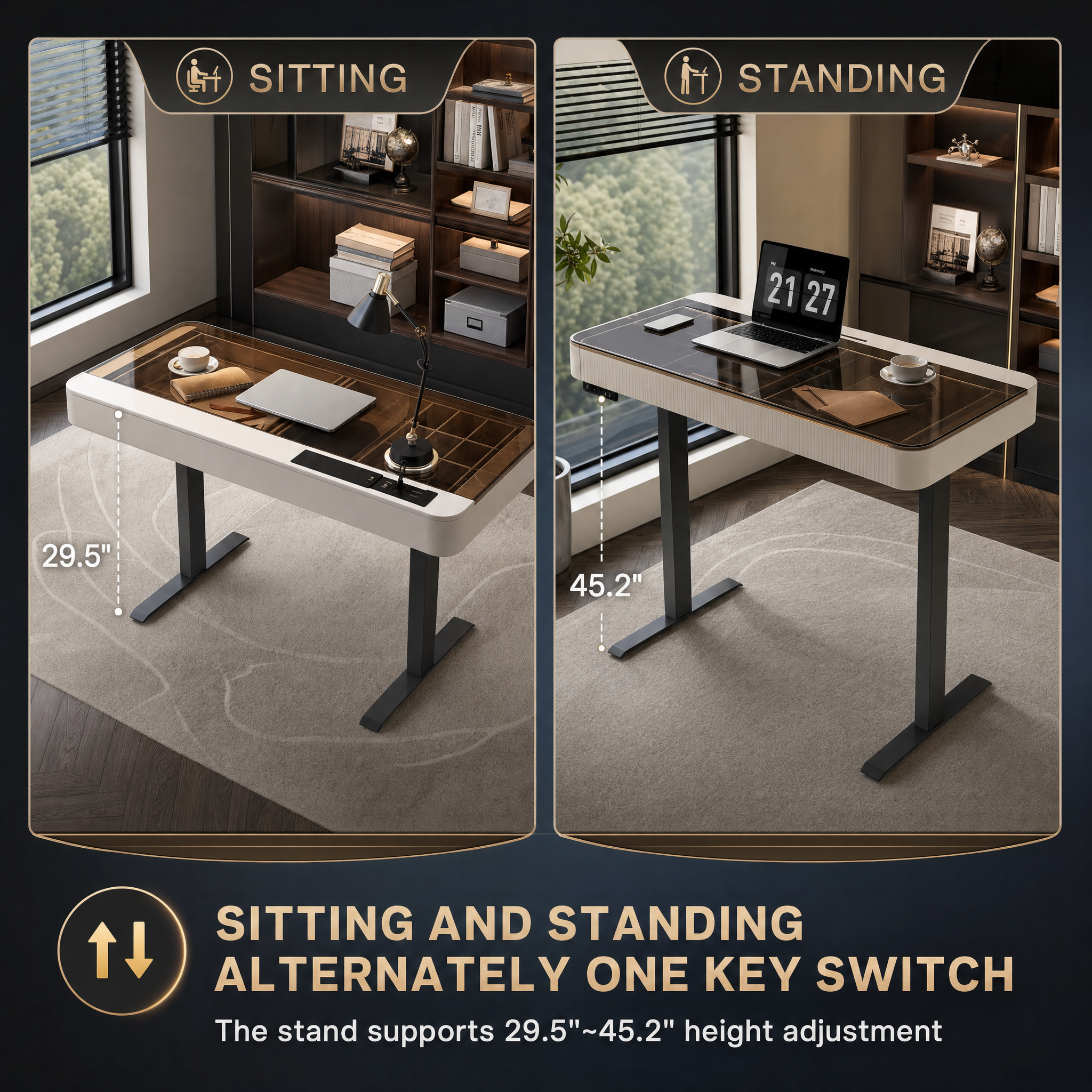 Electric standing desk with glass top White small computer desk For home office bedroom