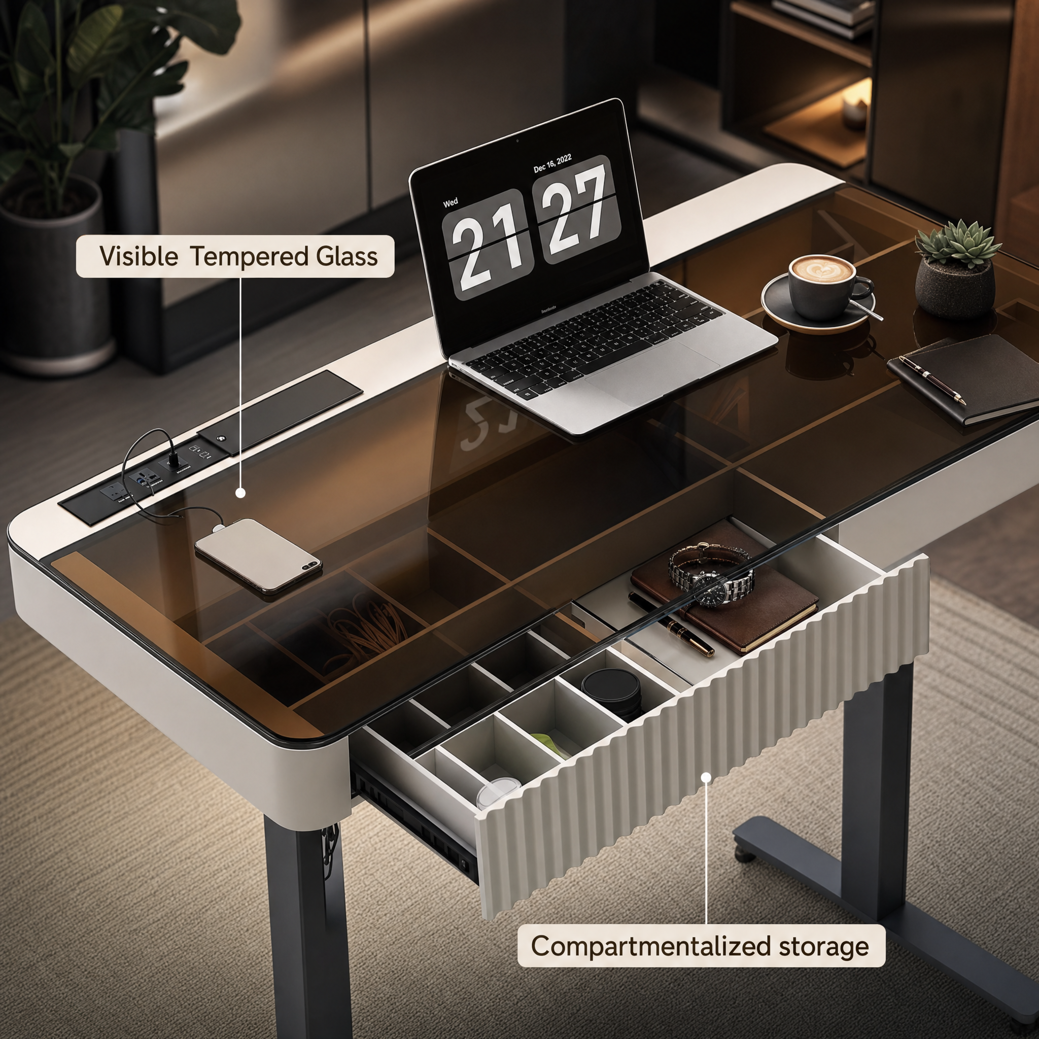 Electric standing desk with glass top White small computer desk For home office bedroom