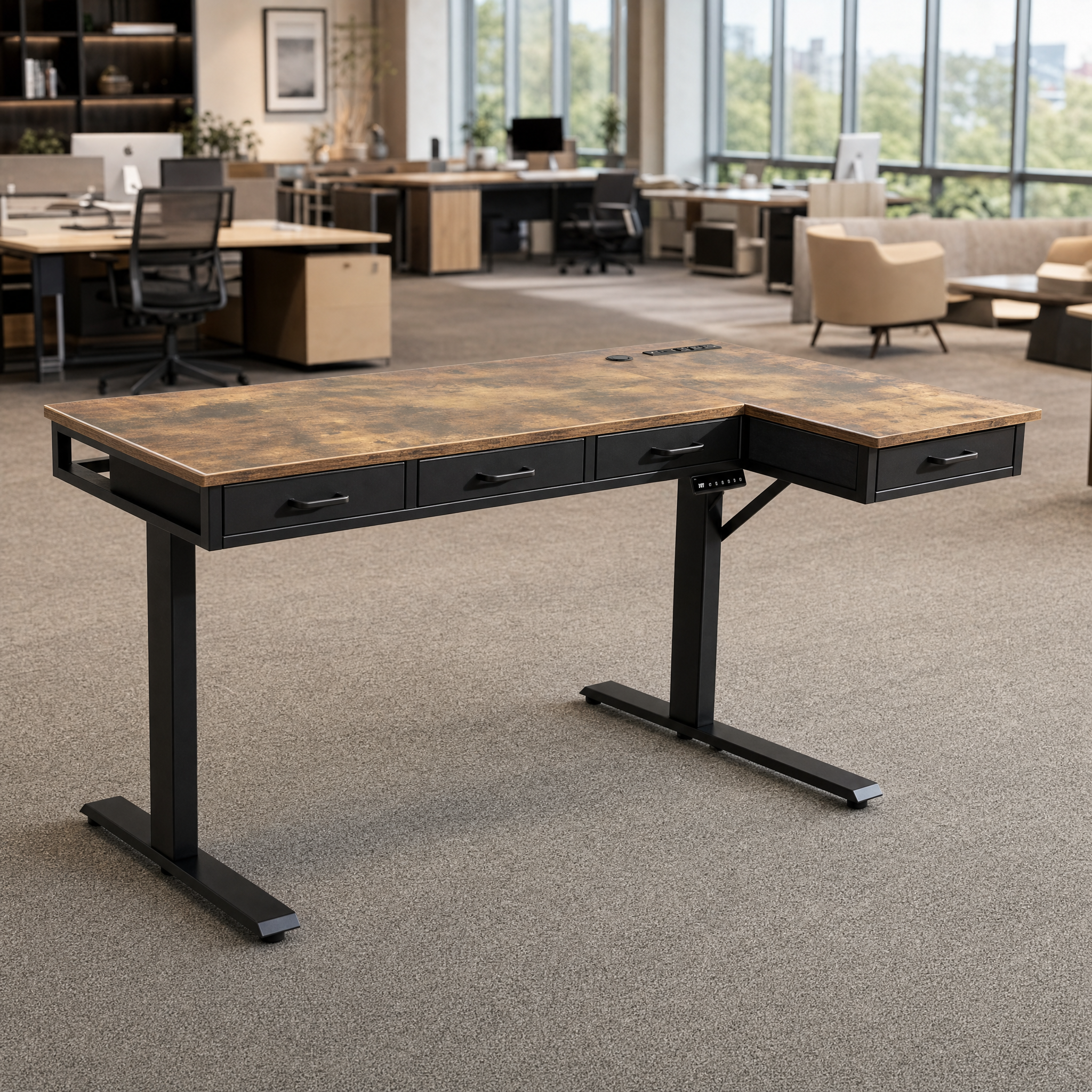 Electric standing desk with 4 drawers Rustic wood l shaped desk For home office studio