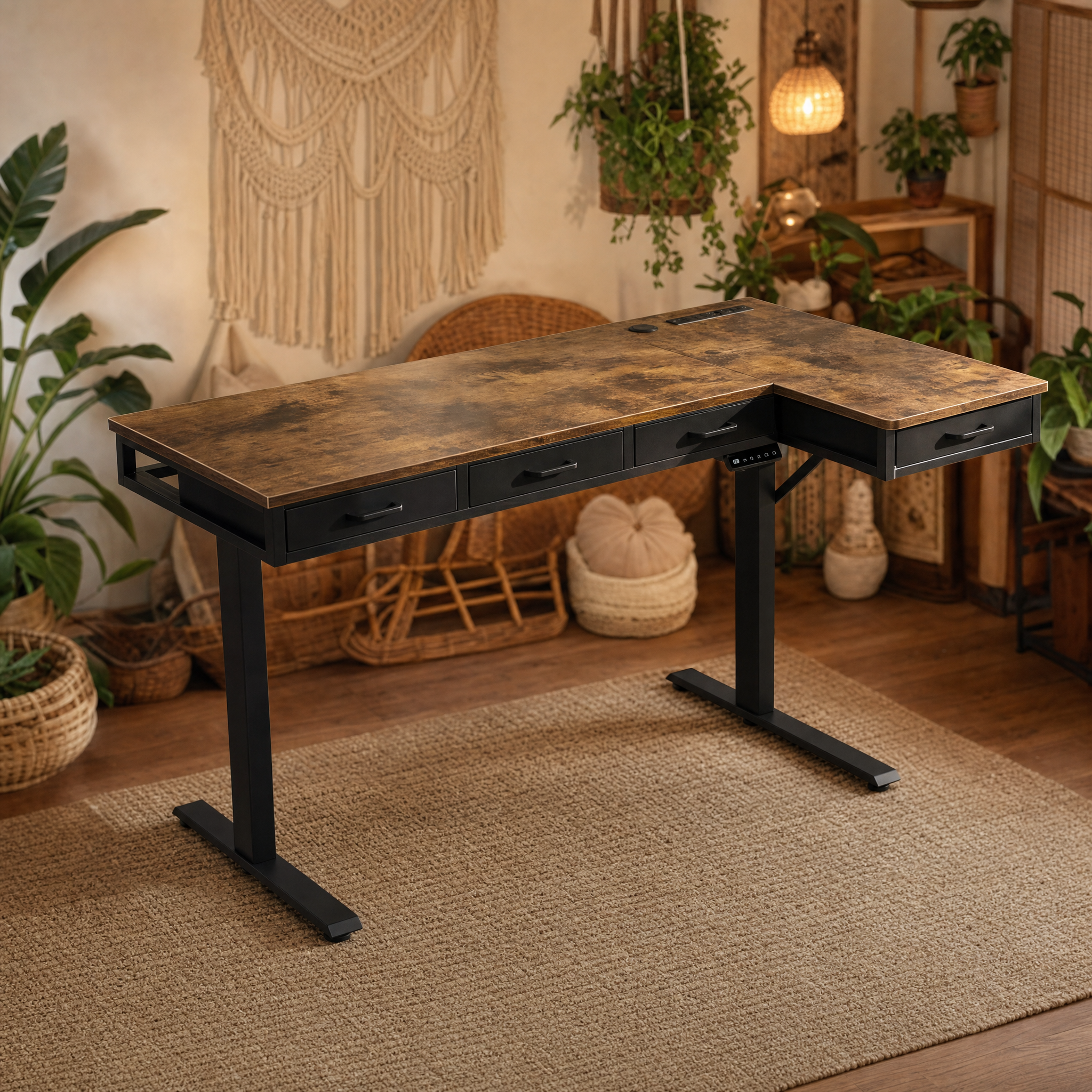 Electric standing desk with 4 drawers Rustic wood l shaped desk For home office studio